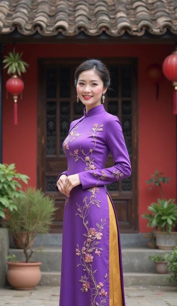 traditional clothes ,dark purple ao dai, ao dai, vietnamese girl, vietnam, vietnamese, satin, pretty girl, wide smile , long hair, Realistic lighting, delicate face, cute expression, Body perfect anatomy,Top Quality, 8K Resolution , full body , realistic , real human , High quality, shiny ao dai , realistic , Cinematic, Aesthetic , satin aodai, 24 year old girl, detailed and beautiful face and eyes,beautiful woman, floral patterns, flowers, flower design, flower pattern, cute woman, traditional ao dai