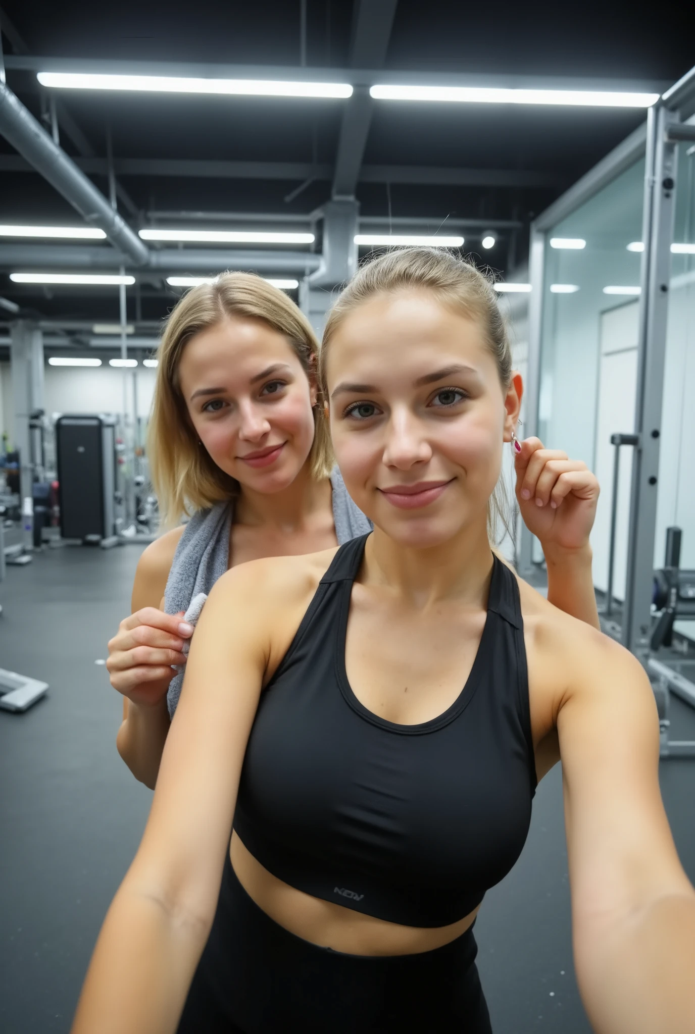 Full-body shot of Eden, a 23-year-old influencer from Hamburg, and her blonde friend capturing a post-workout gym selfie. They both wear moisture-wicking sports bras and high-waisted leggings, their skin slightly glistening from an intense session. Eden has a soft towel draped over her shoulders, while her friend playfully fixes ihre blonden Haare. The gym’s bright LED lights reflect off the sleek floor, adding to the high-energy atmosphere. Ultra-HD, dynamic and sharp, fresh and confident, vibrant post-workout aesthetic."