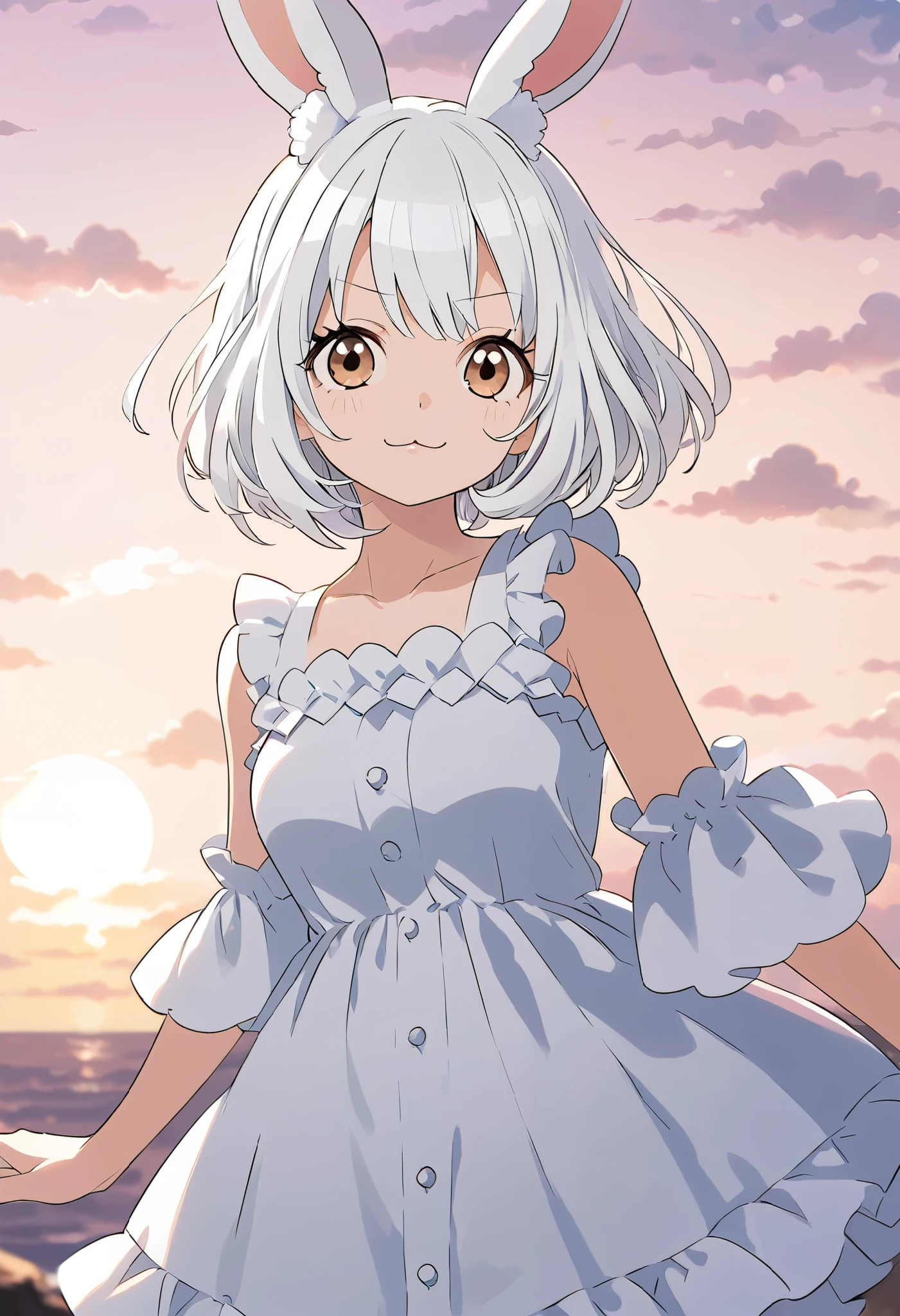 rabbit ears、 fluffy hairs、One Piece Dress、broken ear、cute、white hair、medium bob hair