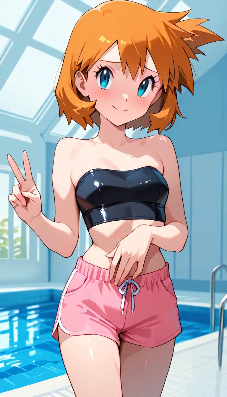 (Perfect body),highest quality,16k、Masseter muscle part、((NSFW))、(())、low length、((((embarrassing))))、:d、Tree Fe○lumes、short hair、(blue eyes),redhead、Pigtails、((Sweat))、((flat chest))、swollen nipples、(Poolside)、cloudy sky、white school swimsuit、second armpit、Hands restrained behind the head、On my back、thick thighs、spread your legs、sleeping on one's back