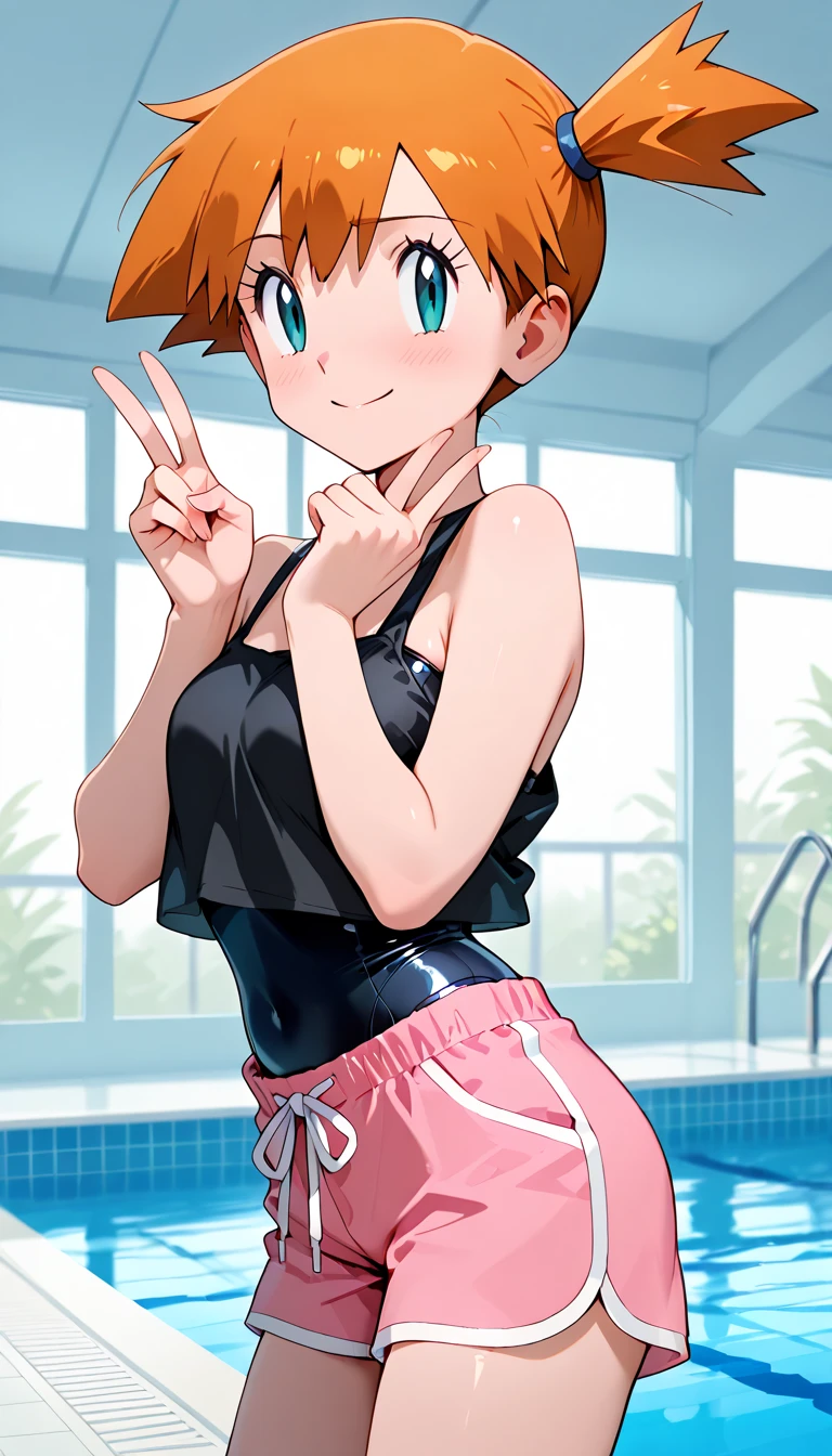 (Perfect body),highest quality,16k、Masseter muscle part、((NSFW))、(())、low length、((((embarrassing))))、:d、Tree Fe○lumes、short hair、(blue eyes),redhead、Pigtails、((Sweat))、((flat chest))、swollen nipples、(Poolside)、cloudy sky、white school swimsuit、second armpit、Hands restrained behind the head、On my back、thick thighs、spread your legs、sleeping on one's back