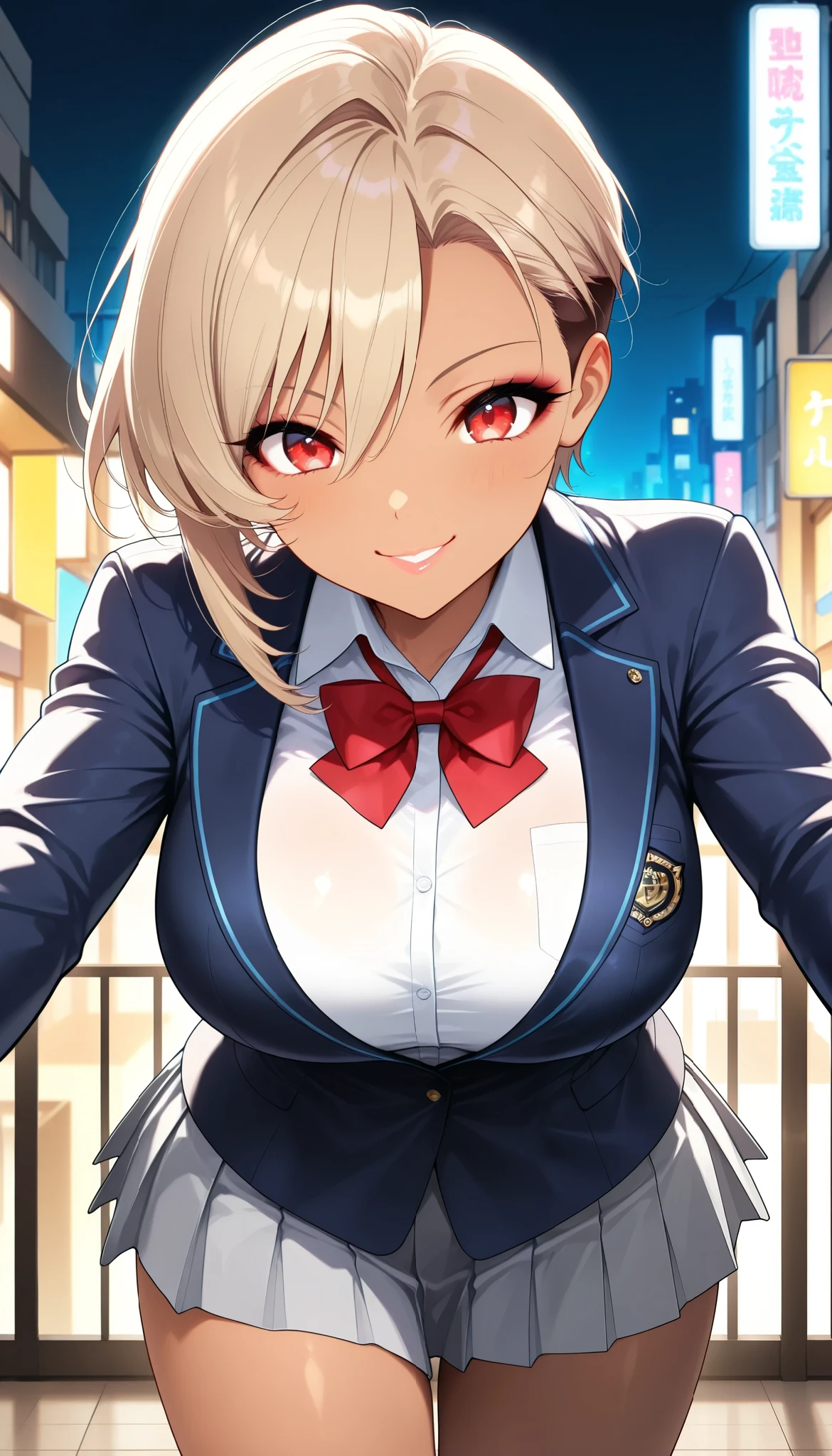 1 female, (Mirai Edosaki, brown skin:1.6, red eyes), laugh, Pointing pose, light brown hair, short hair, undercut, asymmetrical hair, beautiful eyes, beautiful lips, very detailed目と顔, long eyelashes, beautiful big breasts, ( navy blue blazer, shirt, Red bowtie, gray pleated skirt, beautiful big breasts, cowboy shot hiding underarms, beautiful thighs, (( downtown background, the neon city at night:1.6)), (top quality:1.2, very detailed, CG illustration, soft focus, masterpiece:1.2, Aesthetics at its best),