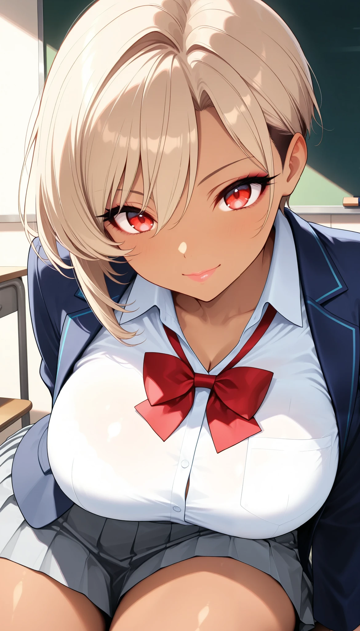 1 female, (Mirai Edosaki, brown skin:1.6, red eyes), Kamigami, Hug your legs, sit, light brown hair, short hair, undercut, asymmetrical hair, beautiful eyes, beautiful lips, very detailed目と顔, long eyelashes, beautiful big breasts, ( navy blue blazer, shirt, Red bowtie, gray pleated skirt, beautiful big breasts, cowboy shot hiding underarms, beautiful thighs, (( school background, machine, chairs, blackboard )), (top quality:1.2, very detailed, CG illustration, soft focus, masterpiece:1.2, Aesthetics at its best),