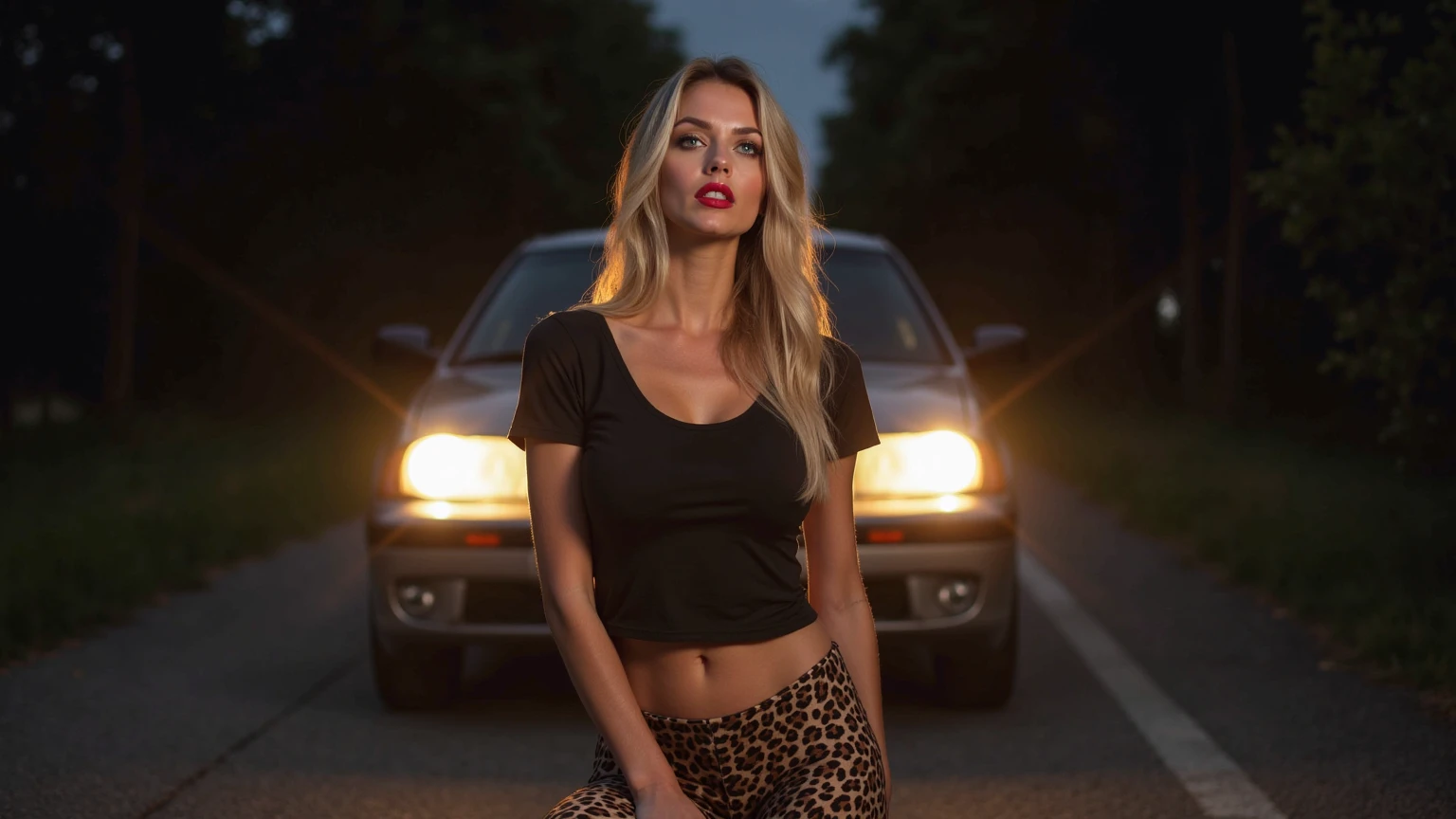 photorealism:1.2), beautiful girl blond with Nordic features, upturned nose, blue eyes, red lipstick, big big boobs, black t-shirt with long neckline, open mouth, eyes looking upwards, leopard skin leggings trasparent reveals ass leopard-pink, road kneeling in front of the car's headlights at night, husband and other man look she, wiev behind