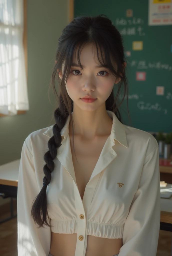 armpits, arms up, Top quality, one beautiful woman, 20 years old, 35mm lens, f/1, dark brown eyes, glasses, braids, black hair, pale skin, medium chest, slendar body , school uniform, shirt, short sleeves,