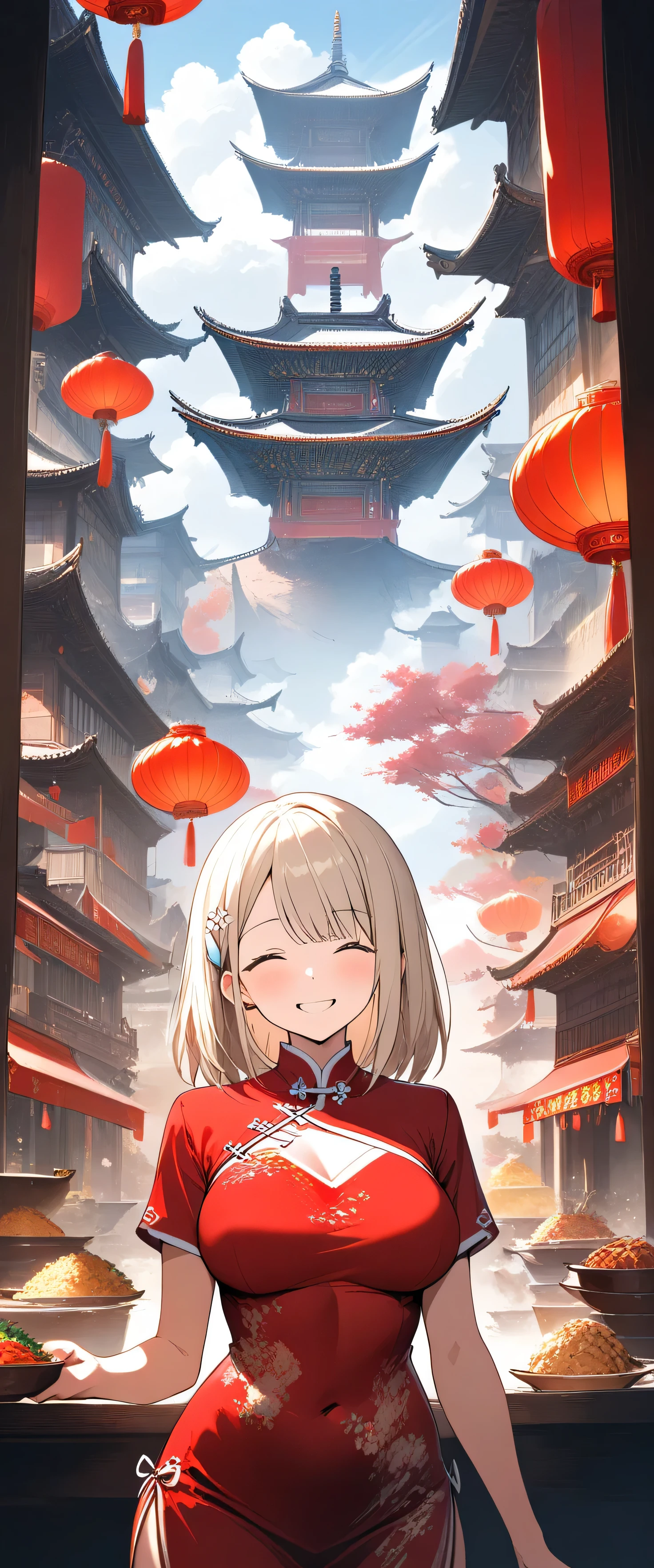 masterpiece,Please redeem,Ultra-high resolution,rich contrast,Very high quality,8k,Highly detailed CG unit wallpaper,Texture,So ridiculous,RAW Photos,anime-style illustration,professional photograph,an extremely delicate and beautiful,Depth of written boundary 1.2,(beautiful girl:1.3),Twin tails,Highly detailed cheongsam,Looks about,Huge buildings,metropolis,The girl is a delivery girl who delivers Chinese food to customers,Steam from cooking,Big Round Ass,Ayase Alisa,smile,woman with her mouth wide open and,big breasts,A vibrant Chinese restaurant, dark store interior,