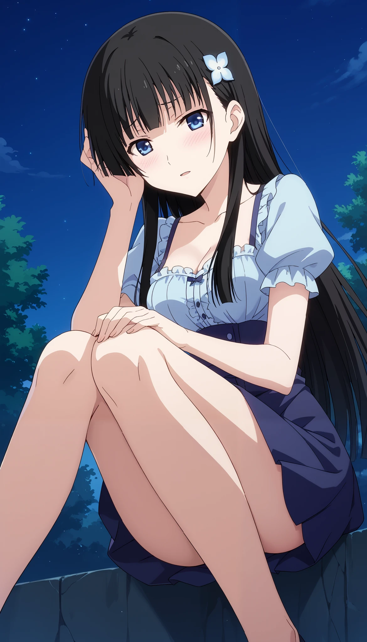 rea sanka (Reiya Sanka)、((bending forward pose))、navy blue short sleeve dress、((Close-up))、((Place your hands on your knees))、(medium breasts)、(low angle)、Chest Valley、 is embarrassing、blush、Outdoors、 Ulchan-6500-v1.1, ( RAW photos :1.2),  beautiful detailed , very detailed目 美しい目, beautiful eyes、 Blue Eyes 、 large file size, high resolution, very detailed, top quality, [masterpiece:1.6], Awareness-raising, very detailed, CG, finely, top quality, 8K wallpaper,  Perfect Body 、dynamic、very detailed、long hair、 black hair