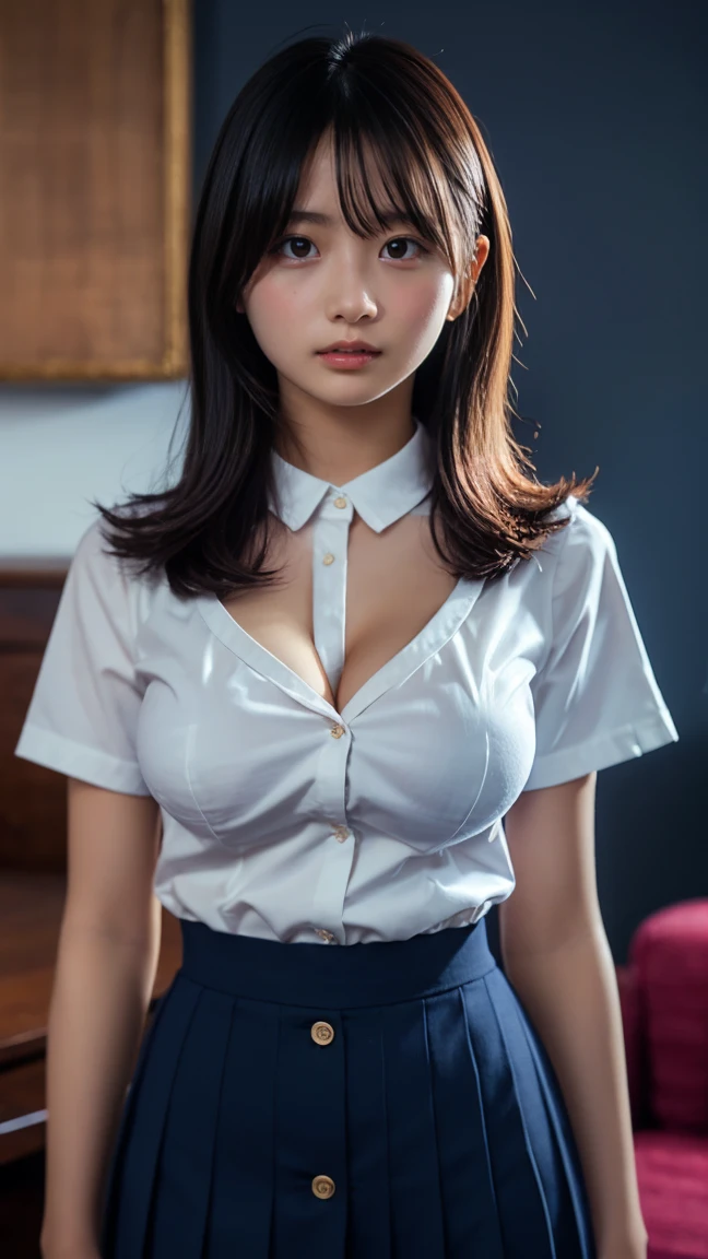 (8K, 超A high resolution, Best Quality, masutepiece:1.2),(18year old:1.2)、(huge smile)、(Look away)、8K、RAW portrait of japanese girl、Photorealsitic、超A high resolution、top-quality、 (huge-breasted, cleavage:1.3),(Close all shirts:1.8),(Dressing、student clothes、Pure White Cutter Shirt、very short pleated miniskirt:1.7)、(From below:1.2)、(Bend your knees and open your legs wide、Gani crotch:1.8)(Spread your crotch wide、M-shaped legs:1.8)、(Put your hands behind your head:1.3)、(Panchira:1.8)、(Sitting on the floor of an apparel shop:1.4) BREAK (Natural Skin Texture、Detailed skin、Hyper-Realism、ultra sharpness)、intricate detailes、depth of fields、Japan idol system、hposing Gravure Idol、爆乳、Long Black Hair、Thigh opening、voluptuous breasts、cleavage of the breast、Gal、big eye、bangss、Eye lashes、Crisp double、Bewitching look、Opening legs、hi-school girl、Pure White Cutter Shirt、neck tie、Show panties、Squat、Put a white shirt inside the skirt、(You can see the small black panties:1.5)、(Black lingerie shows through faintly:1.3)、Show the armpits、Very short pleated skirt with plaid pattern、Brown loafers、Black stockings、