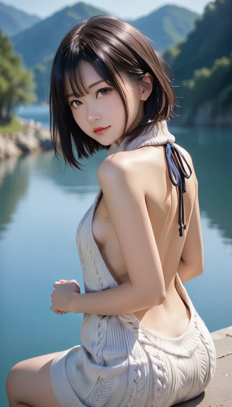 NSTDA., 1girls, Nude, (masterpiece: 1.4), (10, Realistic, RAW photo, bestquality: 1.4), Skirt Lift, strip naked, ninja, Clear areola nipple shape, Beautiful breasts, Japan girls, Beautiful cute face, (real face: 1.4), thorough , beautiful hairstyle, Realistic blue eyes, beautiful detail eyes, (real skin: 1.3), nice skin, attractive, ultra-high resolution, ultra realistic, Cinematic lighting, black hairr, Short Hair Hair, ancient japan, Japanese shrines
