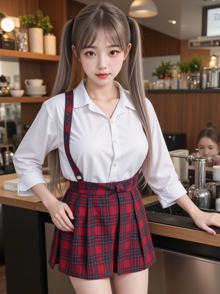 1 girl、(RAW Photos、Highest quality)、(Real、Photoreal:1.4)、Tabletop、Very delicate and beautiful、Very detailed、2k wallpaper、wonderful、Detailed、very detailedCG Unity 8K wallpaper、Super detailed、2、High resolution、(Red gingham check waitress outfit)、Pleated skirt、Elegant skirt、Big Breasts、Frills、ribbon、Soft Light、Beautiful detailed girl、Puff sleeves、Cafe waitress、smile、Happy Face、Cafe