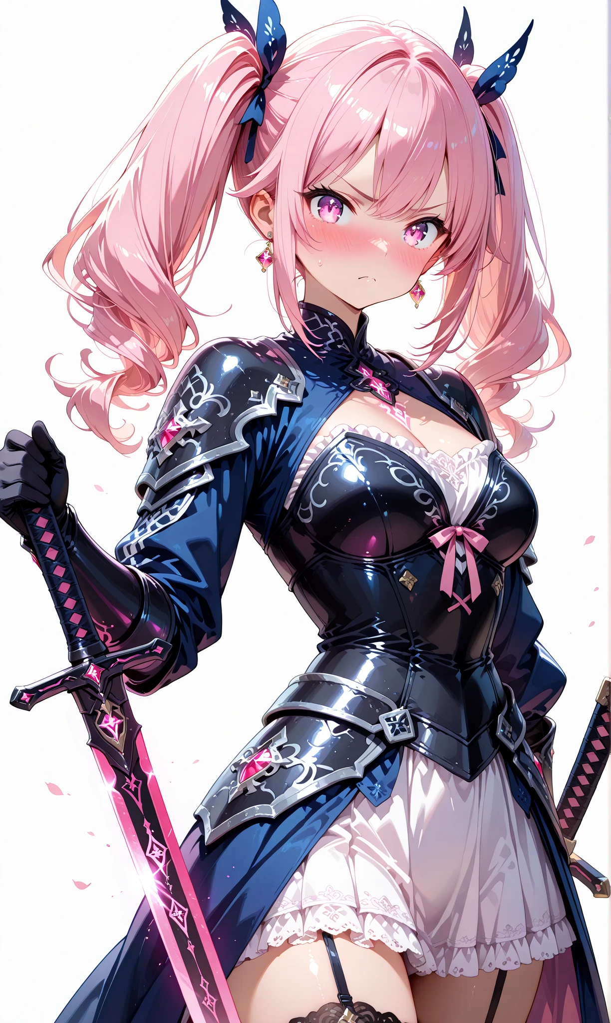 ((Best Quality)), ((masutepiece)), (Detailed), Perfect face, Short-cut hair, break, ((A pink-haired:1.5)), break, Straight hair, ((sexy dress:1.5)), Black eyes, ((cowboy shot)), Looking at the camera, ((Metal costume:1.5)),