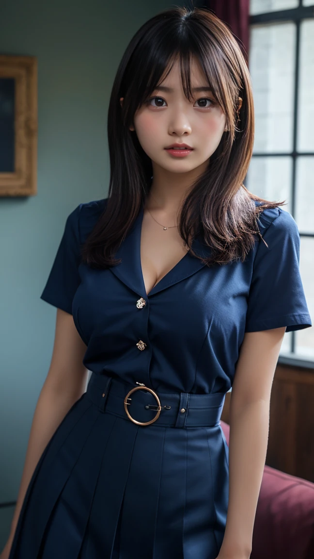 A beautiful girl is having a coffee in a vintage coffeeshop, professional light, wearing office dress, white shirt, blue skirt, A high resolution, perfect anatomy, one girl only, single girl, 1girl, solo, (advanced facial details), A high resolution, beautiful, masterpiece, best quality, photorealistic, photorealistic perfect body v.1.1