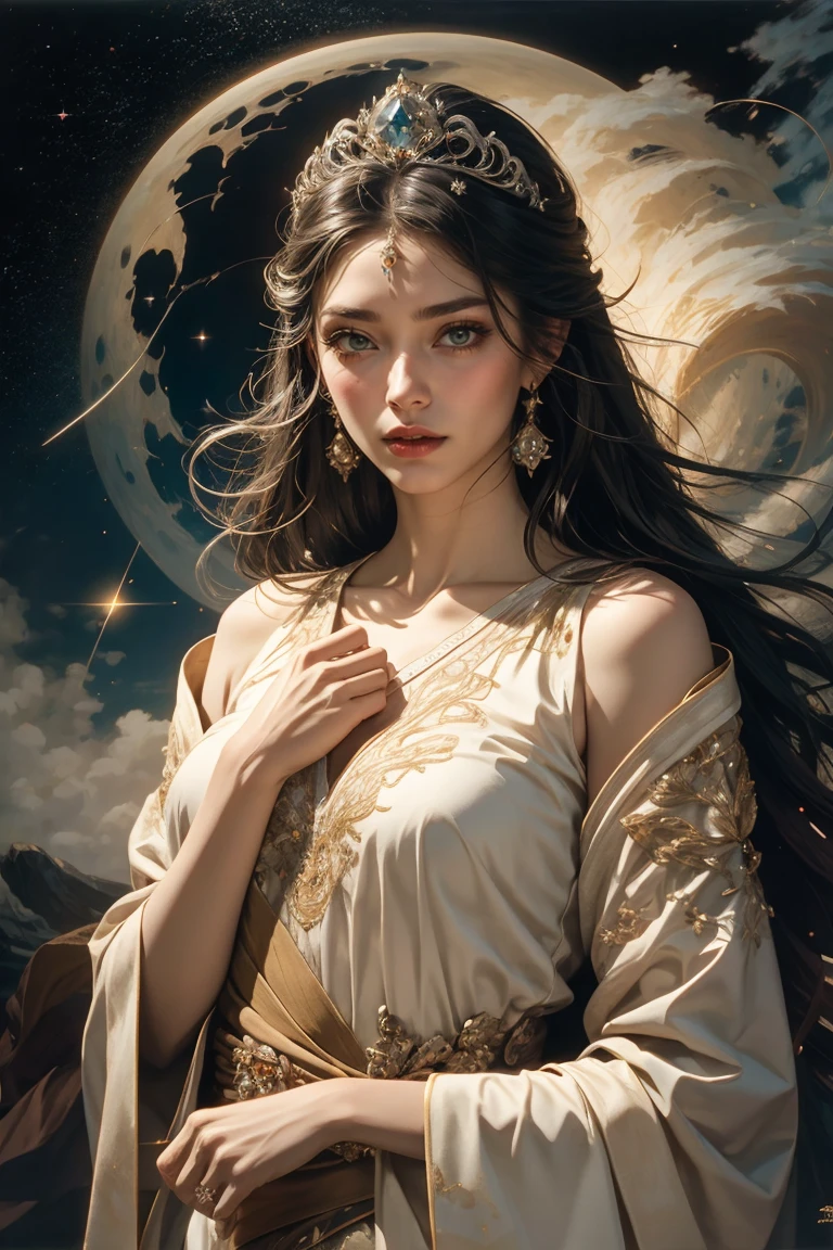 (((best quality))),(((ultra detailed))),(((masterpiece))),illustration,((A beautiful female astrologer,solo)),((slim,thin)),((small breasts,flat chest)),((shoulder length straight hair)),(earrings,necklace),(sparkled sheer robe:1.3),standing beneath a magical summer night, stars twinkling in the velvety darkness,starry sky, sapphire eyes filled with wonder, flowing ethereal gown mimicking the stars, silver pendant shaped like a horoscope,serene smile and captivating gaze, celestial beauty and mystery, solace and inspiration in the vast expanse of the universe