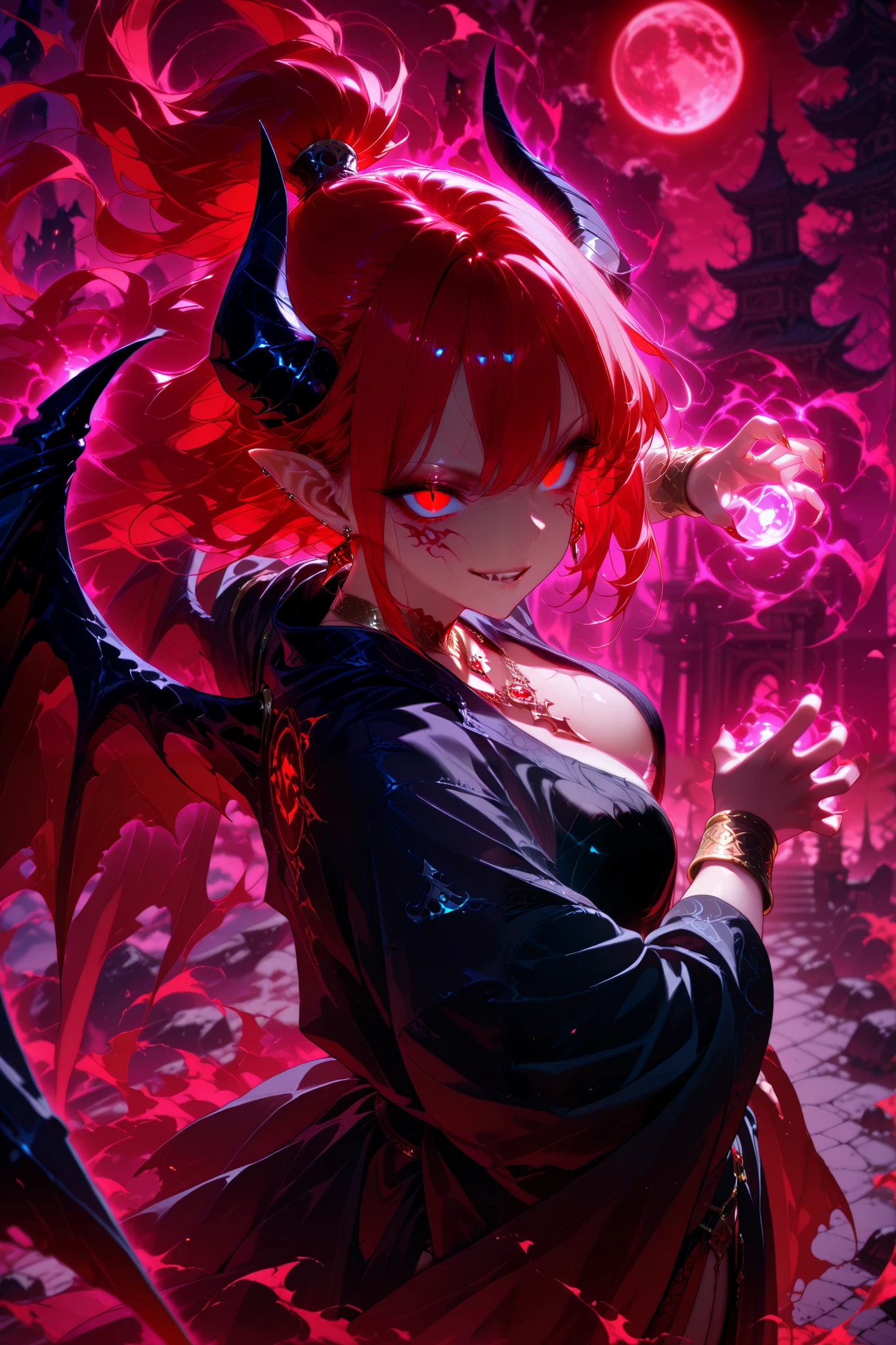 masterpiece,best quality,amazing quality,absurdres, 1girl, breasts, wings, horns, solo, moon, red_hair, jewelry, looking_at_viewer, pointy_ears, long_hair, earrings, demon_girl, demon_horns, fire, necklace, cleavage, medium_breasts, glowing eyes, parted lips, evil smile, gesugao, kamehameha, energy ball, aura