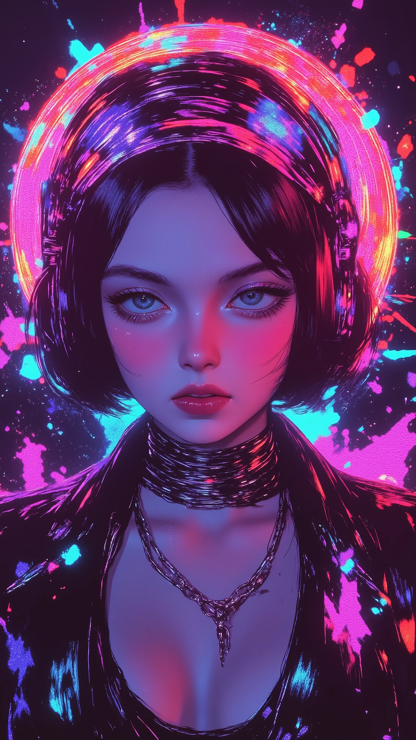 top-quality))、((​masterpiece)、cyberpunked、catgirl, revealing cyberpunk clothing, purples, blues, reds, (andy warhol), illustrated anime, retro style classic, big breasts, no background, neon colorsplash background, glitter dust, ethereal, shiny skin, 