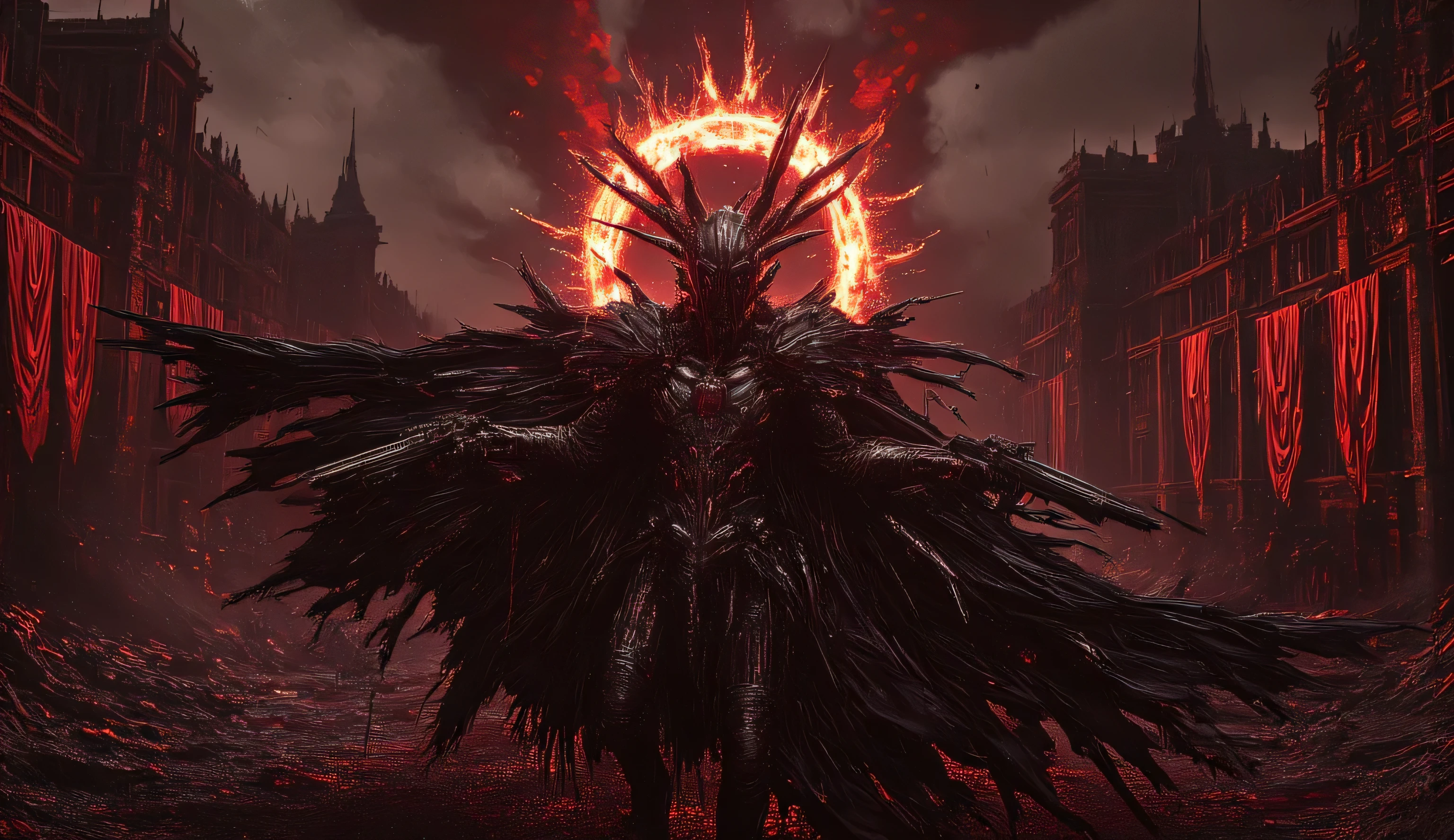 Creepy cybernetic witch hunter. A creepy Gothic helmet with a burning bloody halo. He is clad in Gothic black armor with bloody elements. A long black ragged cloak flutters in the wind. . In his two hands are two creepy Gothic pistols. He walks slowly, creating an atmosphere of nightmare.. A blood-red flame is coming from it. He walks through the ruins of a ruined city, among red flags and pools of blood. It's a dark night. The city is ablaze with divine blood fire. Red sky, black clouds.. mud and heavy rain. The great monster hunter. the horror. blood. body horror.