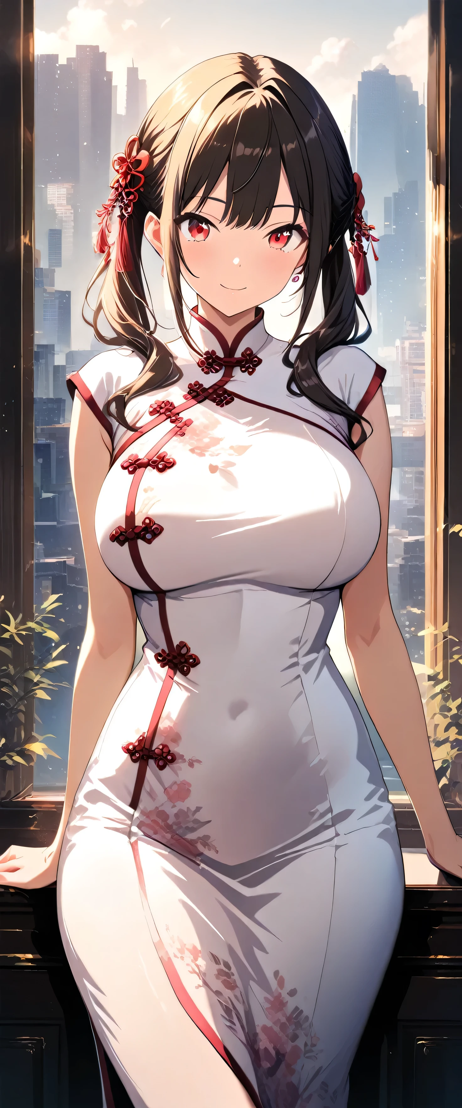 masterpiece,Please redeem,Ultra-high resolution,rich contrast,Very high quality,8k,Highly detailed CG unit wallpaper,Texture,So ridiculous,RAW Photos,anime-style illustration,professional photograph,an extremely delicate and beautiful,Depth of written boundary 1.2,(beautiful girl:1.3),red eyes,Twin tails,Highly detailed cheongsam,Looks about,Huge buildings,metropolis,The girl is a delivery girl who delivers Chinese food to customers,Steam from cooking,Big Round Ass,Rin Shibuya,smile,Closed Mouth,(big breasts:1.3),((V sign))