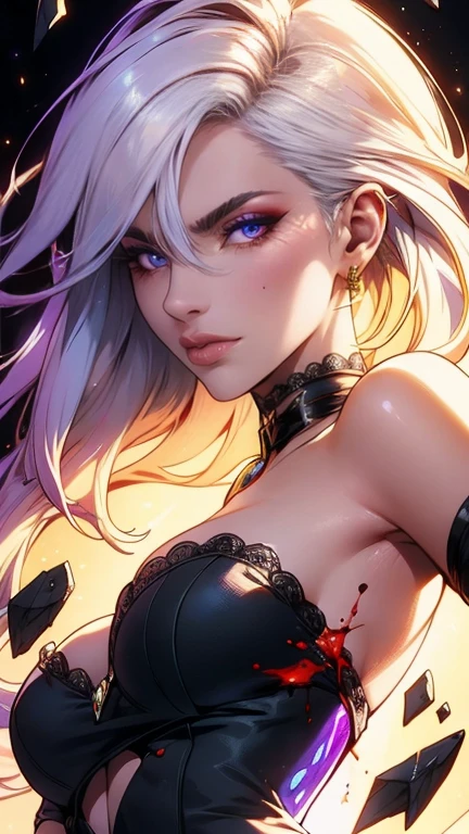 highest quallity, clean and well-groomed face, clearing, bright glowing eyes, long eyelashes, Punk Girl, aretes, breasts big, body tattoo, leather shorts,