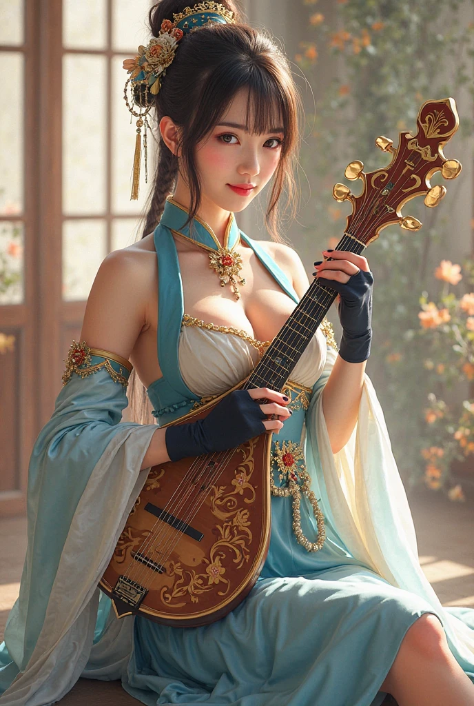 Realistic depiction of a Chinese ancient beauty with colorful makeup, playing black guzheng in a traditional courtyard, elegant posture, smiling, cherry blossom trees, flying petals, slender figure, high quality, realistic style, Chinese ancient beauty, colorful makeup, ornate dragon tattoo, guzheng player, elegant posture, smiling, cherry blossom trees, flying petals, traditional courtyard, slender figure