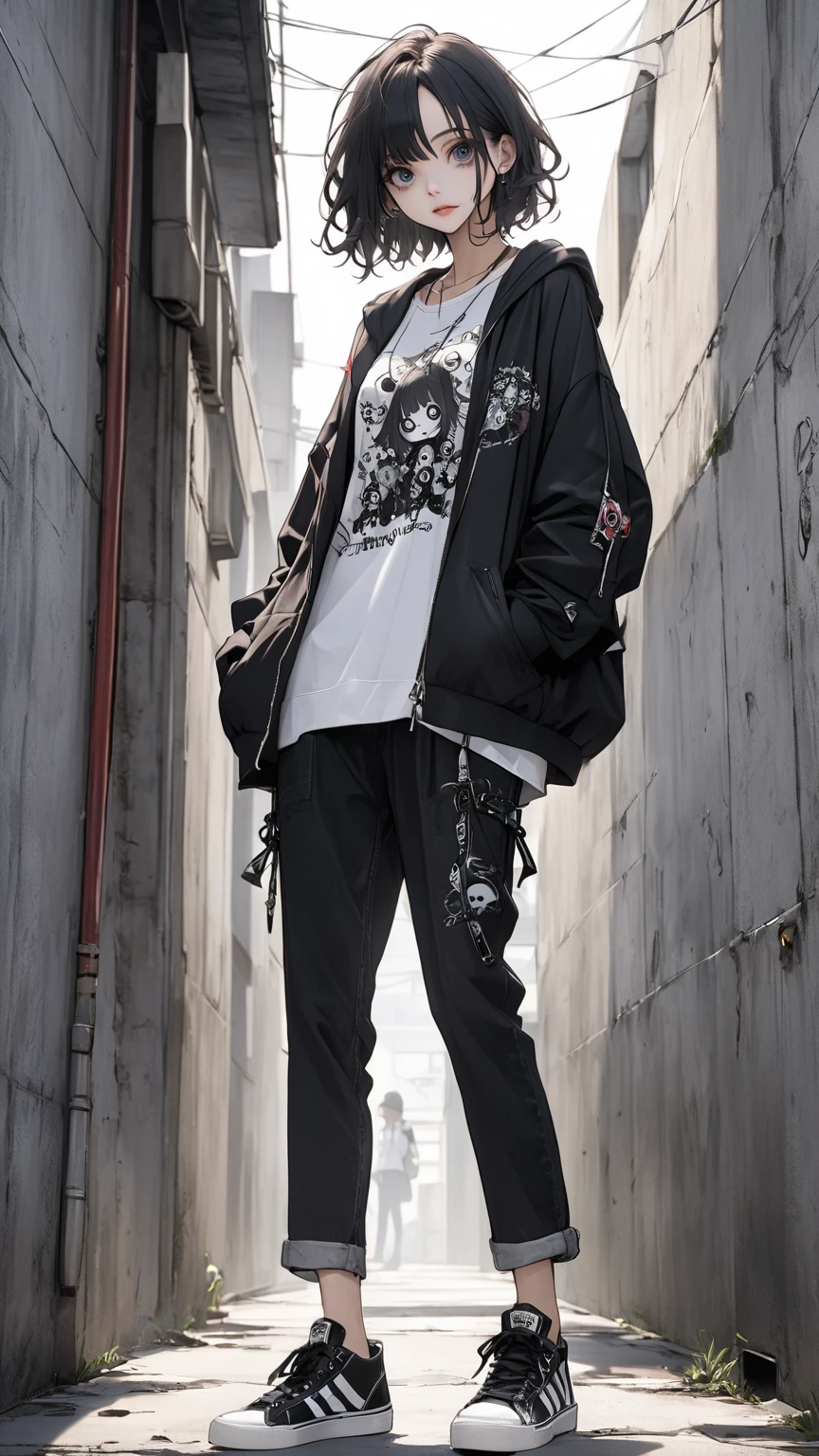 A bully woman sitting on a pile of trash(White sneakers, black cargo pants, A crimson t-shirt that exposes the navel., black leather jacket, He wears a white cap, has silver hair and red eyes, and has many piercings and tattoos.)