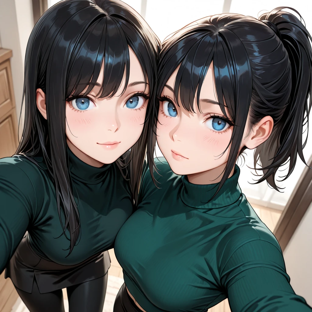A woman wearing a black turtleneck top and a green background, looks like billieeilish, There are trees and bushes behind her, Looking at the camera, A high resolution, Highly detailed, (ulzang-6500-v1.1:0.2), cleavage, (two heads, conjoined_dicephalus), cheeks rubbing together, (kissing:1.3), eyes closing 