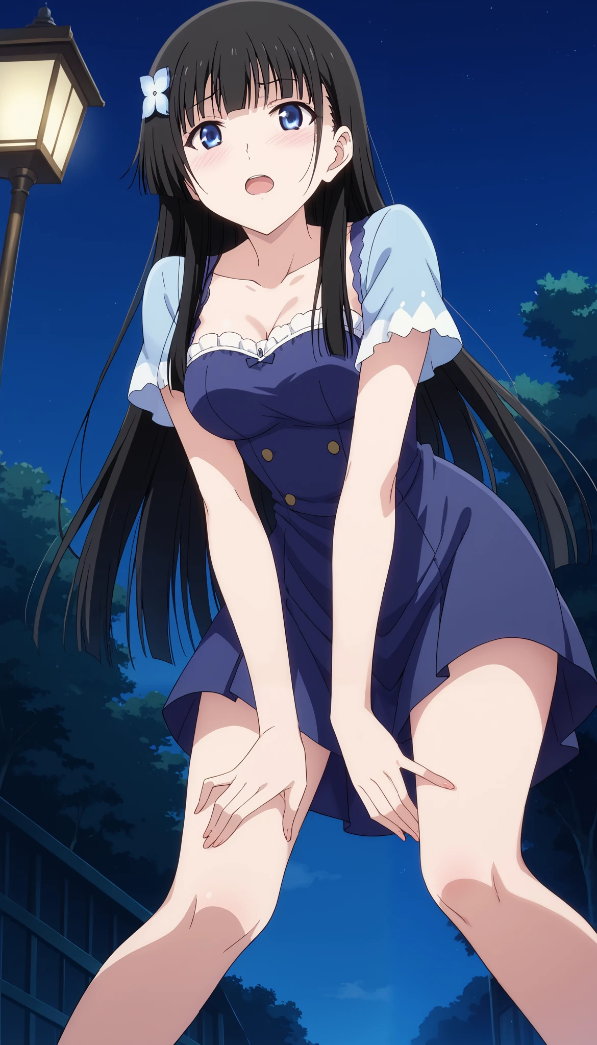 rea sanka (Reiya Sanka)、((bending forward pose))、navy blue short sleeve dress、((Close-up))、((Place your hands on your knees))、(medium breasts)、(low angle)、Chest Valley、 is embarrassing、blush、Outdoors、 Ulchan-6500-v1.1, ( RAW photos :1.2),  beautiful detailed , very detailed目 美しい目, beautiful eyes、 Blue Eyes 、 large file size, high resolution, very detailed, top quality, [masterpiece:1.6], Awareness-raising, very detailed, CG, finely, top quality, 8K wallpaper,  Perfect Body 、dynamic、very detailed、long hair、 black hair、thighs