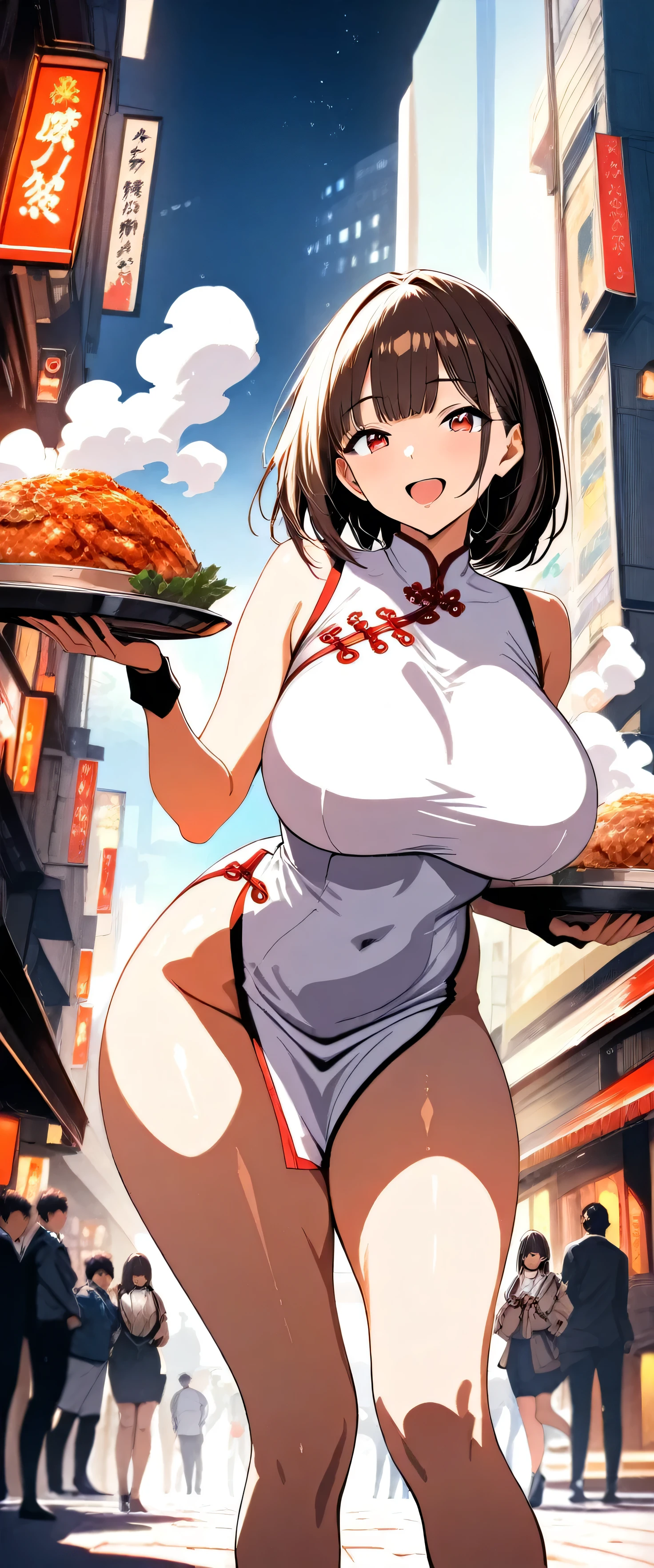 masterpiece,Please redeem,Ultra-high resolution,rich contrast,Very high quality,8k,Highly detailed CG unit wallpaper,Texture,So ridiculous,RAW Photos,anime-style illustration,professional photograph,an extremely delicate and beautiful,Depth of written boundary 1.2,(beautiful girl:1.3),red eyes,,(Straight bangs,Medium Hair,brown hair),Highly detailed cheongsam,Huge buildings,metropolis,The girl is a delivery girl who delivers Chinese food to customers,Steam from cooking,Big Round Ass,Booty pose,Fujisaki Shiori,smile,and open your mouth wide,(big breasts:1.3),is carrying steaming Chinese food
