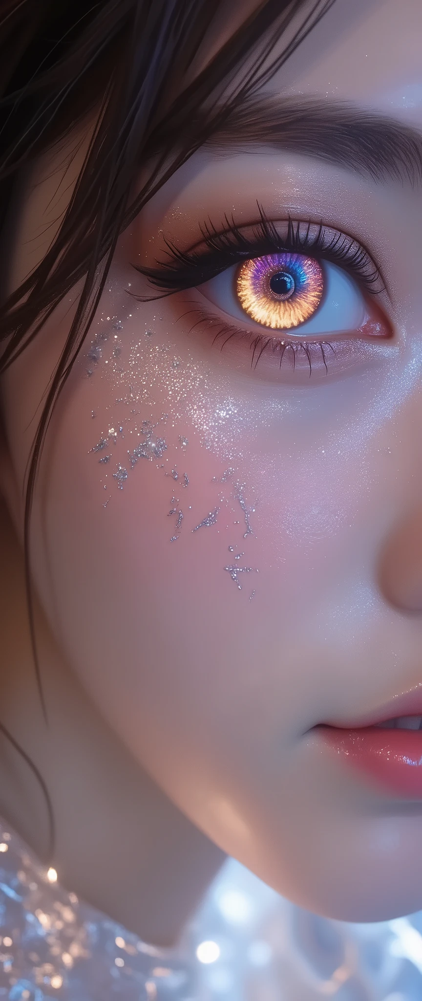 (close up A Cybernetic Eye:2.0), best quality , high image quality during sick leave, 16k, stations that emphasizes the buttocks and is unbelievably stupid , very detailed, 2.5D, pastel fantasy with detailed descriptions, cute sexy girl, (、Deep cleavage:1.8), Attractive at the pinnacle of a beautiful girl's face, sexy Big Breasts girl who has A Cybernetic Eye、、、face close-up, , glitter effect, silence, quiet,, Diffuse reflection of light, , glitter effect