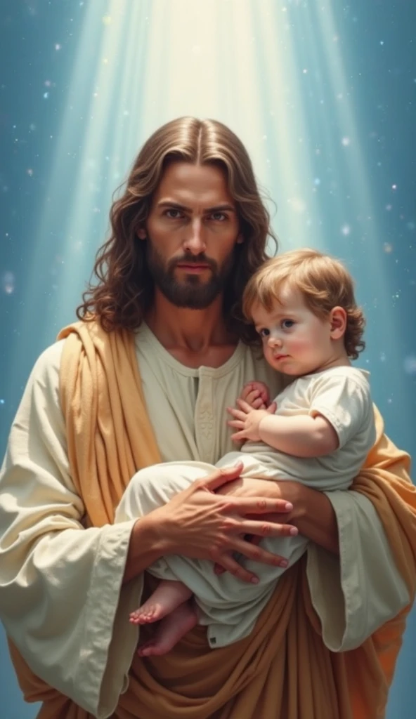 Cartoon jesus with baby girl hugging each other in heaven