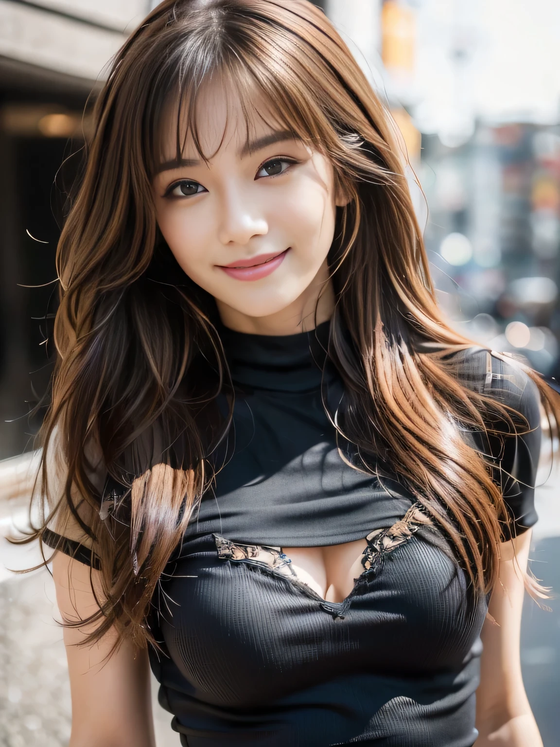 masterpiece, best quality, ultra-detailed, intricately detailed hyperdetailed, realistic, sharp features, highly detailed, sharp focus, Realistic, Photorealistic:1.3, (19 years old:1.3), perfect face, perfect symmetrically eyes, perfect full lips, hyper detailed, hyper realistic, high resolution, Fashion Model, Japanese Idol, Slender, brown hair, Stylish, model poses, Beautiful Face, light brown hair, messy hair, Beautiful hairstyle, (seductive smile:1.2), (looking at viewer), cinematic lighting, blurred background, (Black knit:1.2), ((mini plaid skirt, black high socks)), (Shibuya),