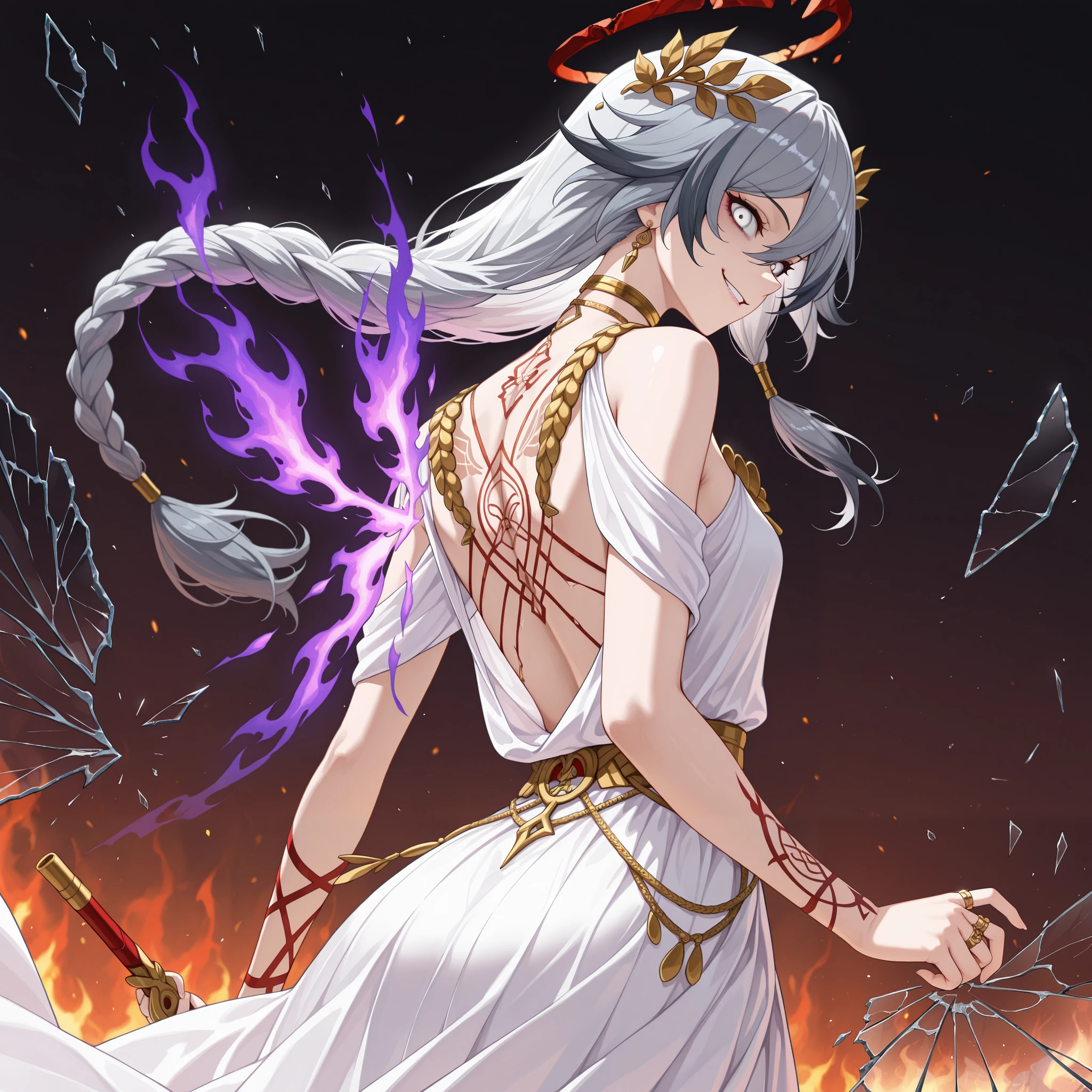 by [|inoitoh||arknights],
1girl, solo, alone, single character, chaotic background, magic aura background, (FuHua, Fol005, Fh_Hos:0.66), (side shot, dynamic shot, medium shot:1.2),fu hua, white and gold toga, gray hair, white hair braided hair, multicolored hair, white eyes, ring eyes, broken red and bleeding halo, greco-roman clothes, ancient greek clothes, gold choker, laurel crown, shattered body, ((shattered glass, broken glass:1.3), fallen angel aesthetic french dress:1.4), french royalty, french princess, french aristocrat, assassin's creed, (pyromania, abundant oceans of fire and flames, wielding purple energy, wielding golden energy:1.1), exposed back
looking at viewer, smirk, crazy smirk, evil villainous expression, hateful and crazy, crazy eyes, gesugao, yandere, purple flames, the power of dark and light, Celtic tattoos on her back and arms, shining hair,
(mature, exquisite detail, 8k, 4k, sharp focus, ultra-detailed, detailed background, absurdres, best quality, amazing quality, very aesthetic, high resolution, newest, hyper-detailed:0.78)
 