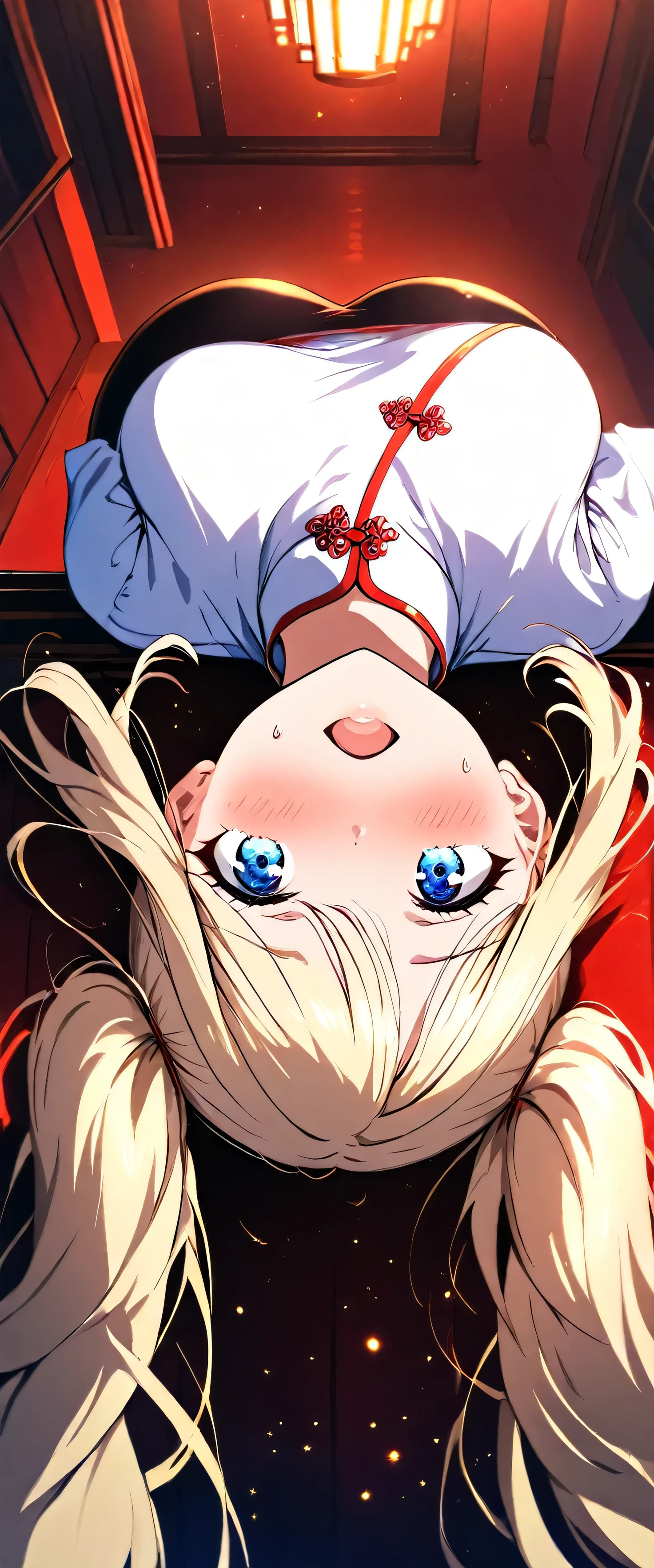 masterpiece,Please redeem,Ultra-high resolution,rich contrast,Very high quality,8k,Highly detailed CG unit wallpaper,Texture,So ridiculous,RAW Photos,anime-style illustration,professional photograph,an extremely delicate and beautiful,Depth of written boundary 1.2,(beautiful girl:1.3),Twin tails,Highly detailed cheongsam,blush,Sigh,(Sweat),(Big Round Ass),Glitter effect,(Surprise),Beautiful glossy lips,She fell hard and ended upside down.,She is head down,Open your mouth wide,A vibrant Chinese restaurant, dark store interior,Ayase Alisa, 1girl , blue eyes, blonde hair, long hair,(overhead shot:1.5)