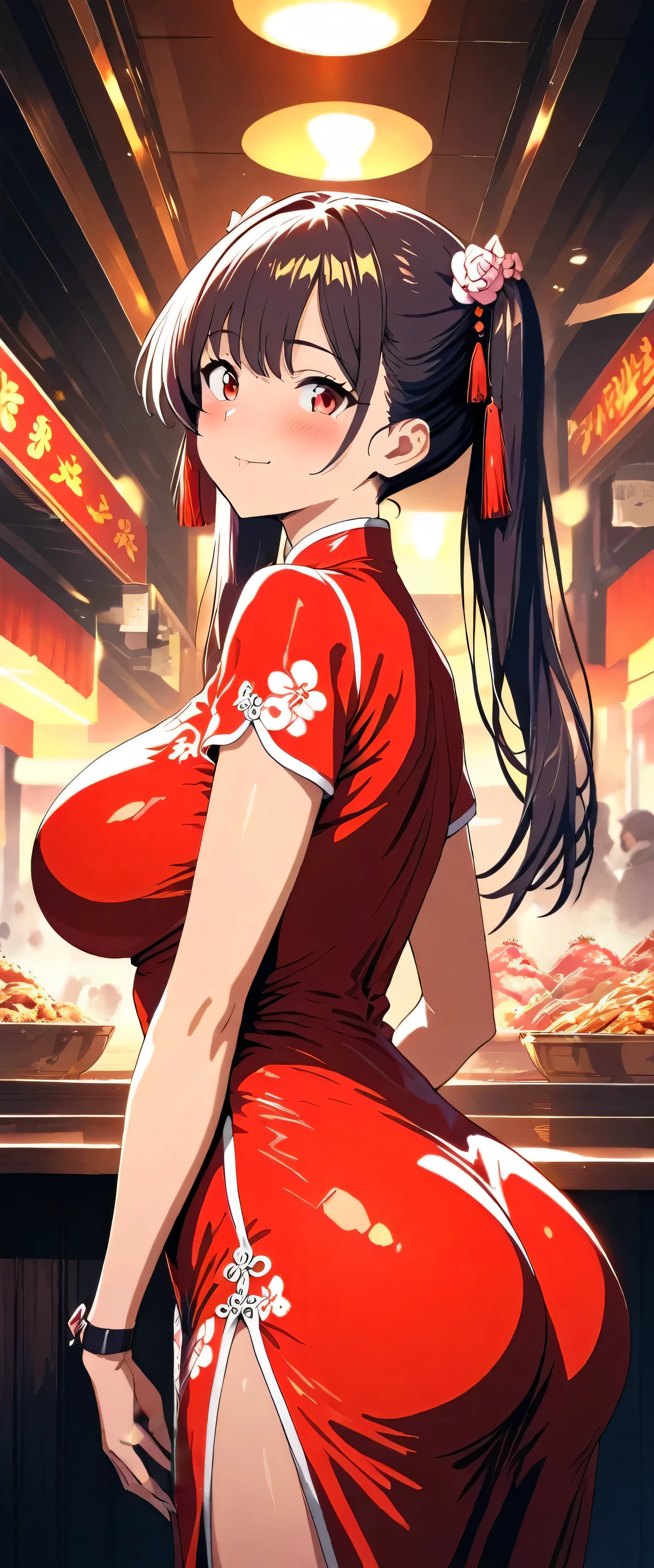 a beautiful woman,Standard red silk cheongsam,Hair tied into a bun,short black hair,Large Breasts,Sexy,Slim body,Holding a Chinese long sword,long sword waving, (gold embroidery thread), (Such),cleavage, City,Outdoor Chinese restaurant,Smile,lipstick