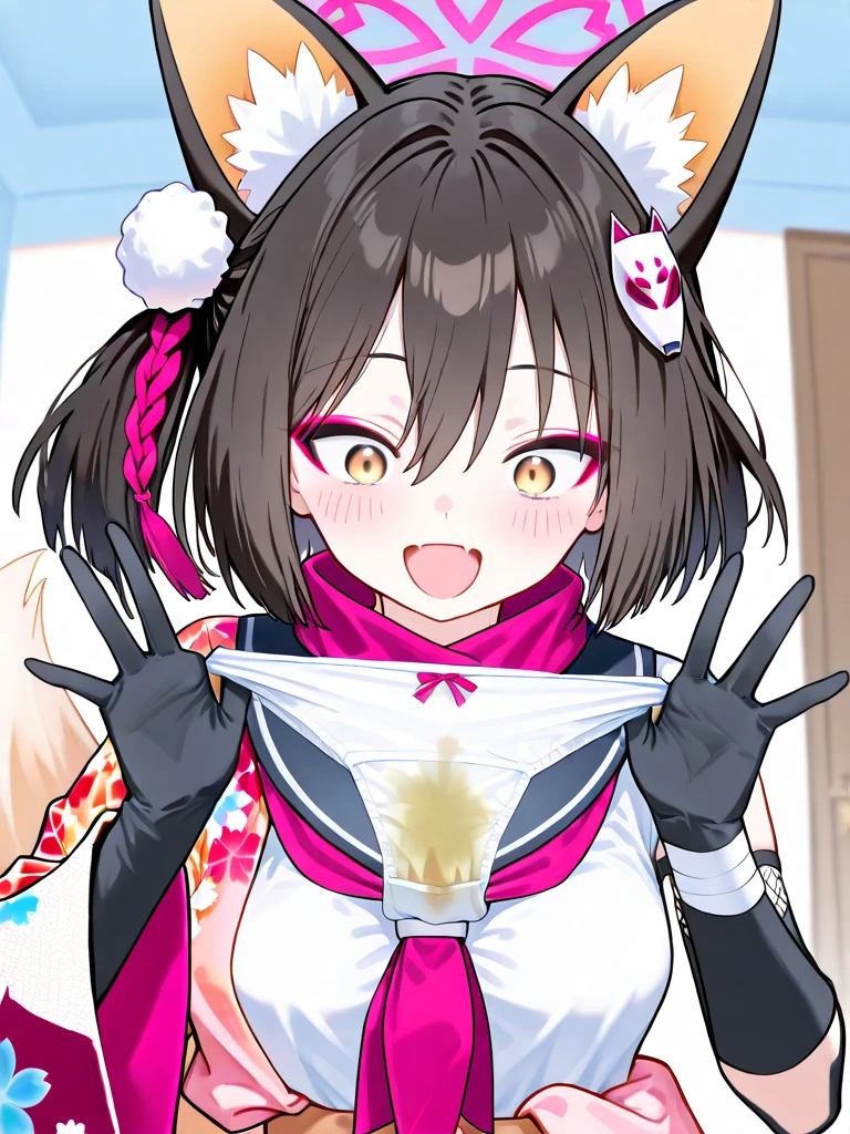 ((Perfect body,))((Super beautiful,))((High quality,)), (sweaty,) (wet all over,) blush,saliva, steam,((A shrine maiden in white Japanese clothes, long black hair, Yellow eyes, hair ornaments,oni horn, on a futon, in a Japanese room at night,blunt bangs)),collar,pov, Looking at Viewer,gigantic breast,half open eye,fellatio,blowjob, deep throat,Sticking out the mouth and cupping the cheeks,cum on the face and hair,Close-up of the face, focus on the face,