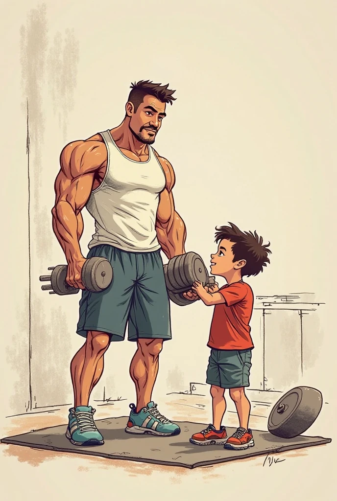 boy in his room looking at his trophies and pictures of bodybuilders like arnol cuban and ronnie coleman hanging on the wall 