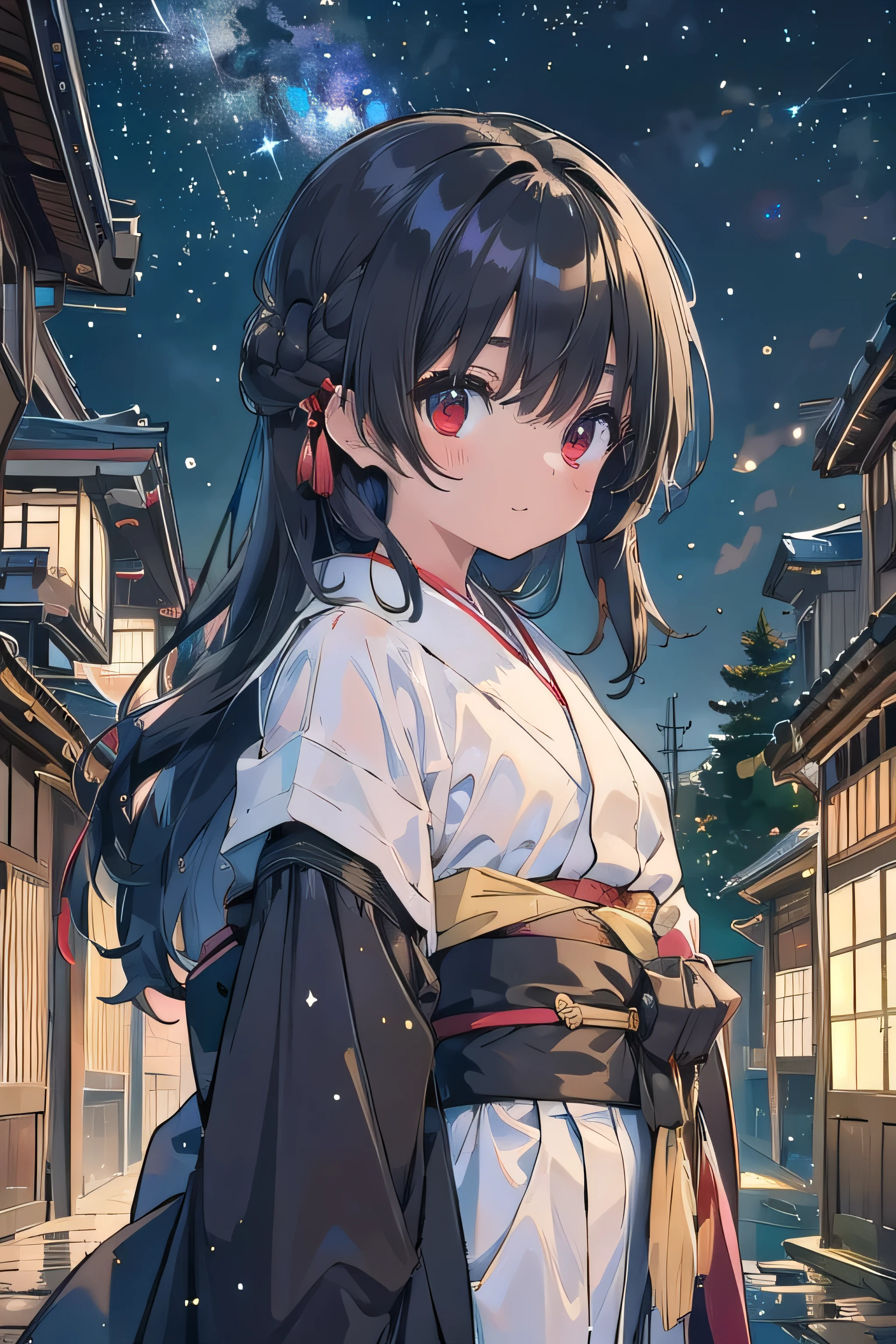 (masterpiece), Scenery, Kyoto Streetscape Old Japan upper body, 1 girl, Adventurer clear Shiny black hair wheat-colored skin brown skin black robe kimono stupid hair Noble Long Hair scrapes up the hair red eyes Starry sky, dark sky Stares at Viewers smile Beltsword fantastic