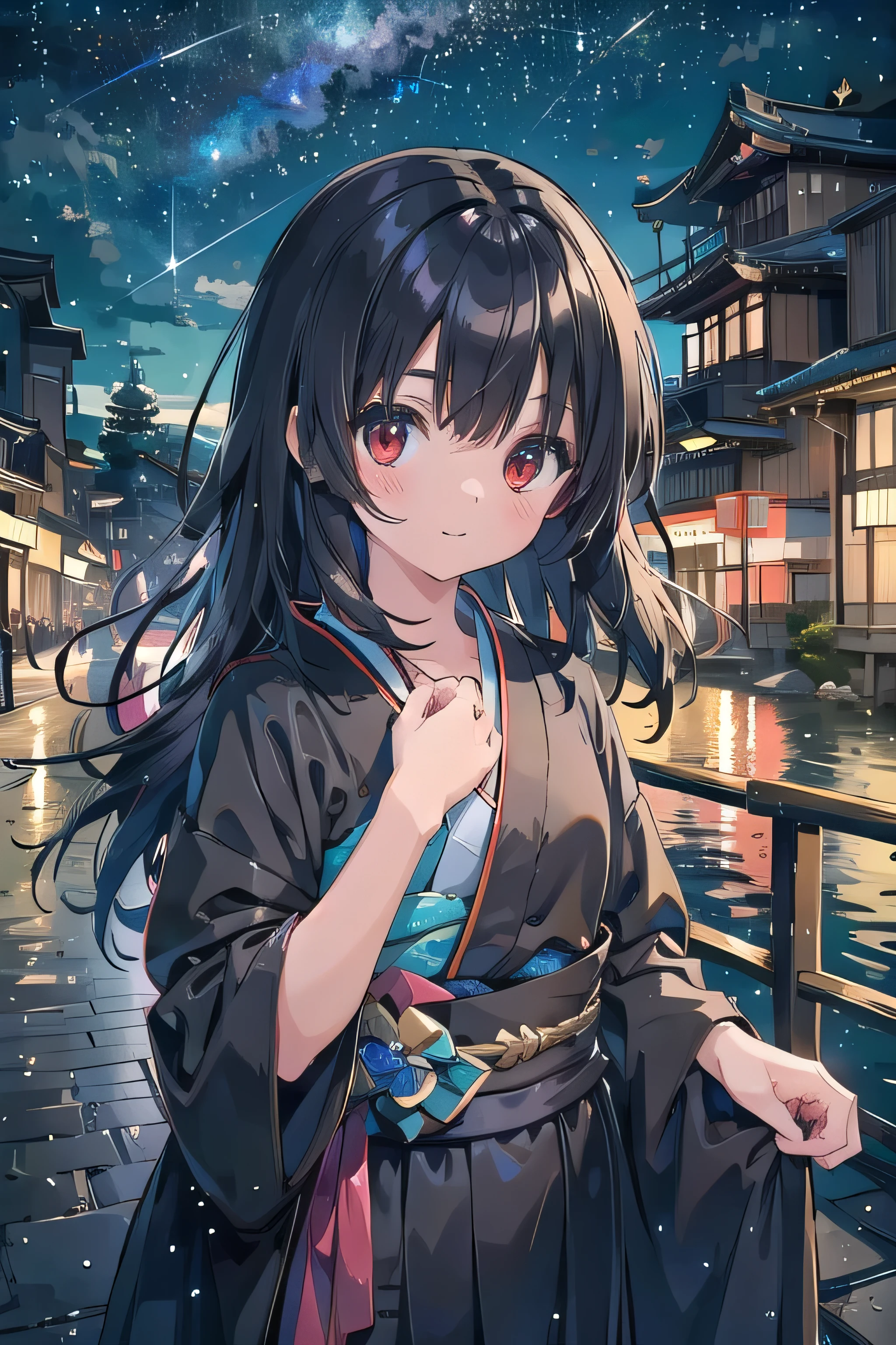 (masterpiece), Scenery, Kyoto Streetscape Old Japan upper body, 1 girl, Adventurer clear Shiny black hair wheat-colored skin brown skin black robe kimono stupid hair Noble Long Hair scrapes up the hair red eyes Starry sky, dark sky Stares at Viewers smile Beltsword fantastic