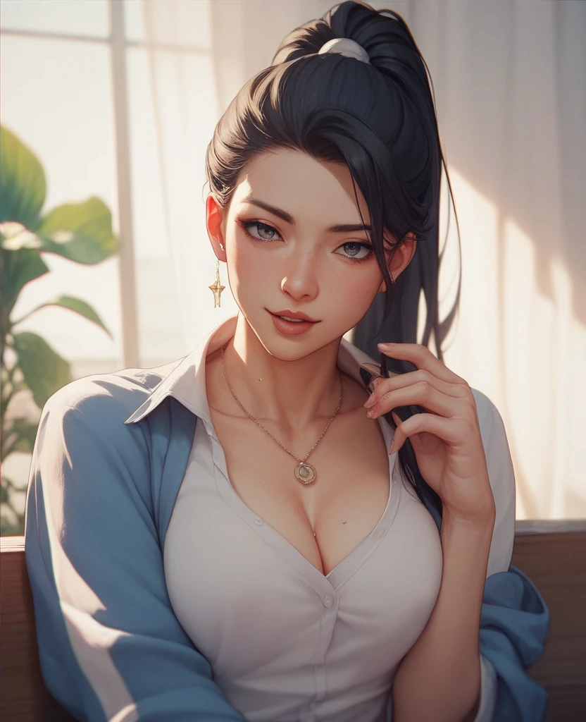Sexy woman, black hair, single braid, seductive look, pink big lips parted, deep blush, flustered, beautiful long neck, collarbone, medium chest, cleavage, wide hips, thick thighs, beautiful legs, incredibly thick, perfect body, voluminous