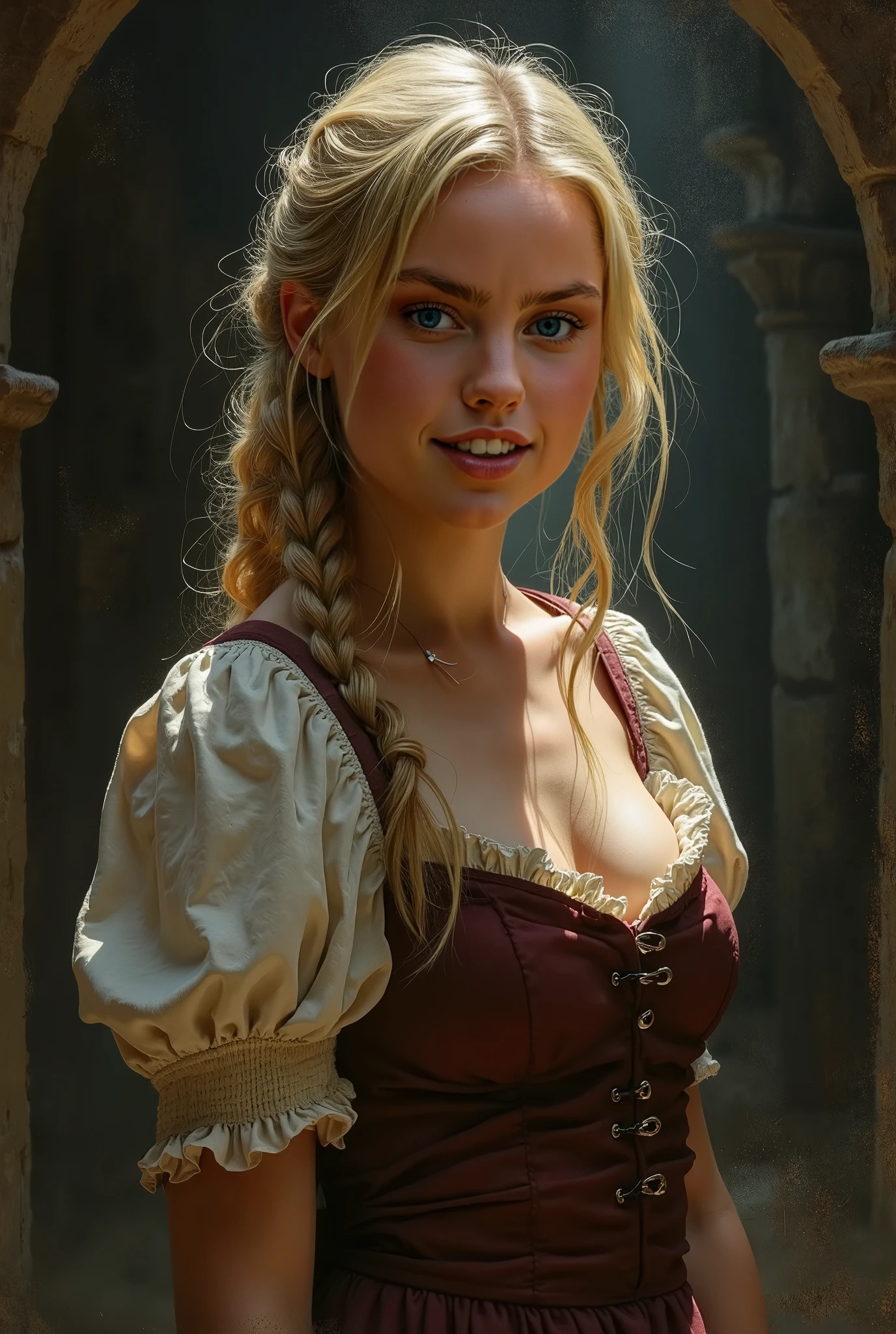Style by Style Style Crypt Award winner, Spectacular oil painting of a beautiful medieval peasant girl, 15yo, (seductive expression:1.2), erotic espression, an ominous, evil, (Backlight:1.3), Digital Painting, concept art, Smooth, Sharp focus, Three-part method, Dark fantasy,Intricate details, art:Alexis Briclot, Medium Shot, (Shallow depth of field:1.3), grin seductively, She is in sexual climax. erotic, sexy, seductive, moistskin, hyper detailed skin texture,