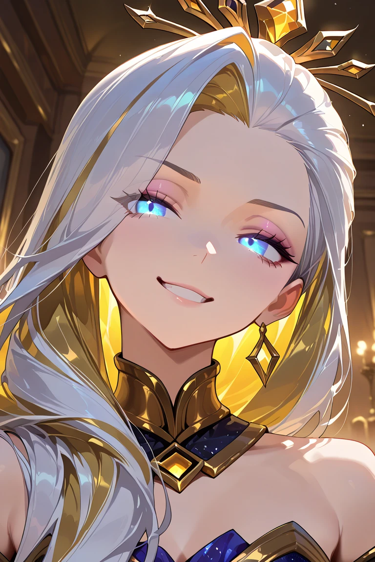 woman, blue eyes, long hair, white hair, mature, god eyes, diamond earings, glowing right eyes, two colors eyes, purple eyes, golden armor, injured, blood, dead, tears, smilling