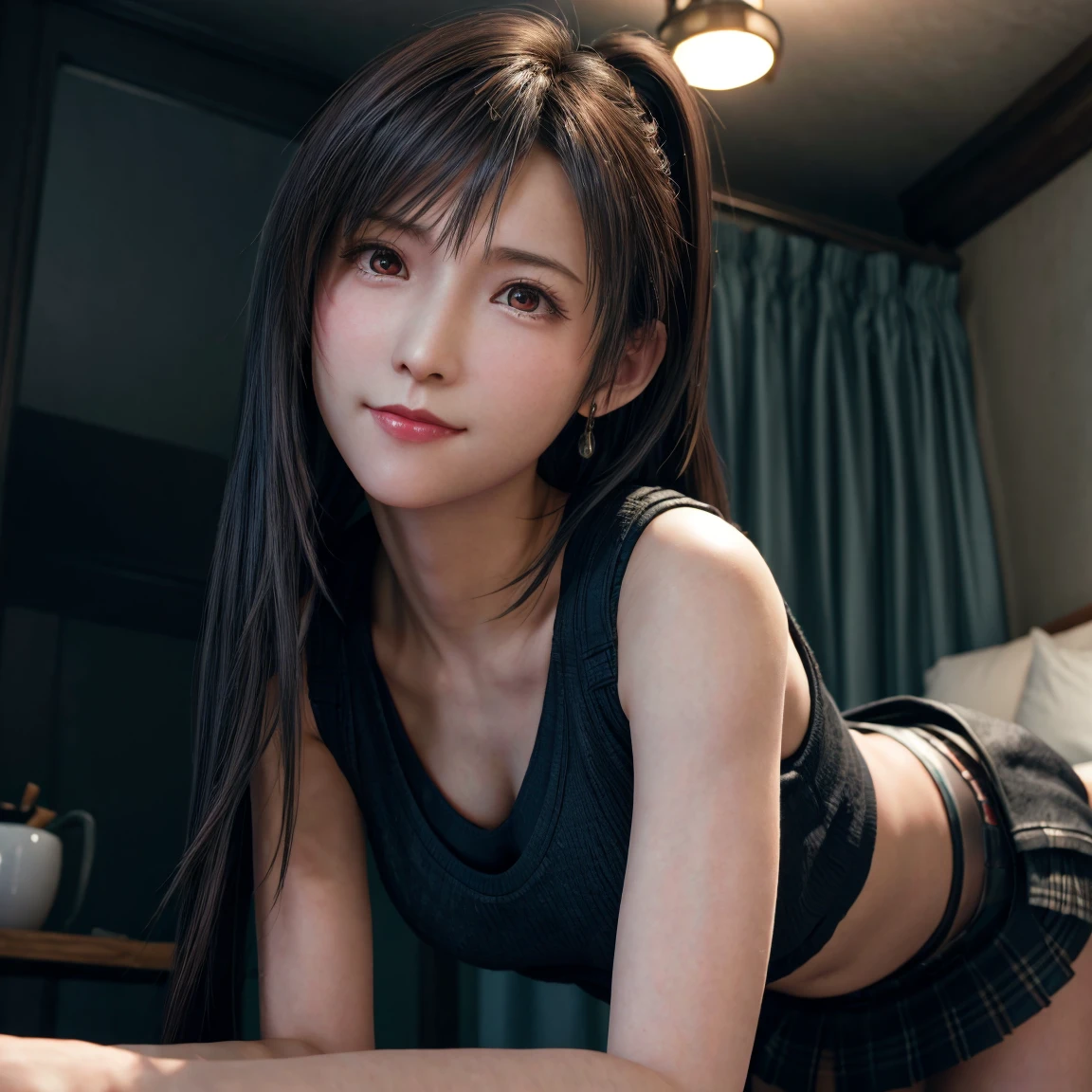ollarbone,black t-shirt,off-shoulder look,bare shoulder,midriff peek,Denim mini skirt,open mouth,tongue out,cum on tongue,Sitting on a black sofa,Selfie,looking ahead,from above,flont view,upper body,(1girl,Beautiful 14 year old girl),((Slender,Small breasts,Small face,)),looking at viewer,Black Hair,bangs,one side up,Beautiful and detailed,Mischievous smile,Dimly lit room,Simple Background,Black background,Low lighting