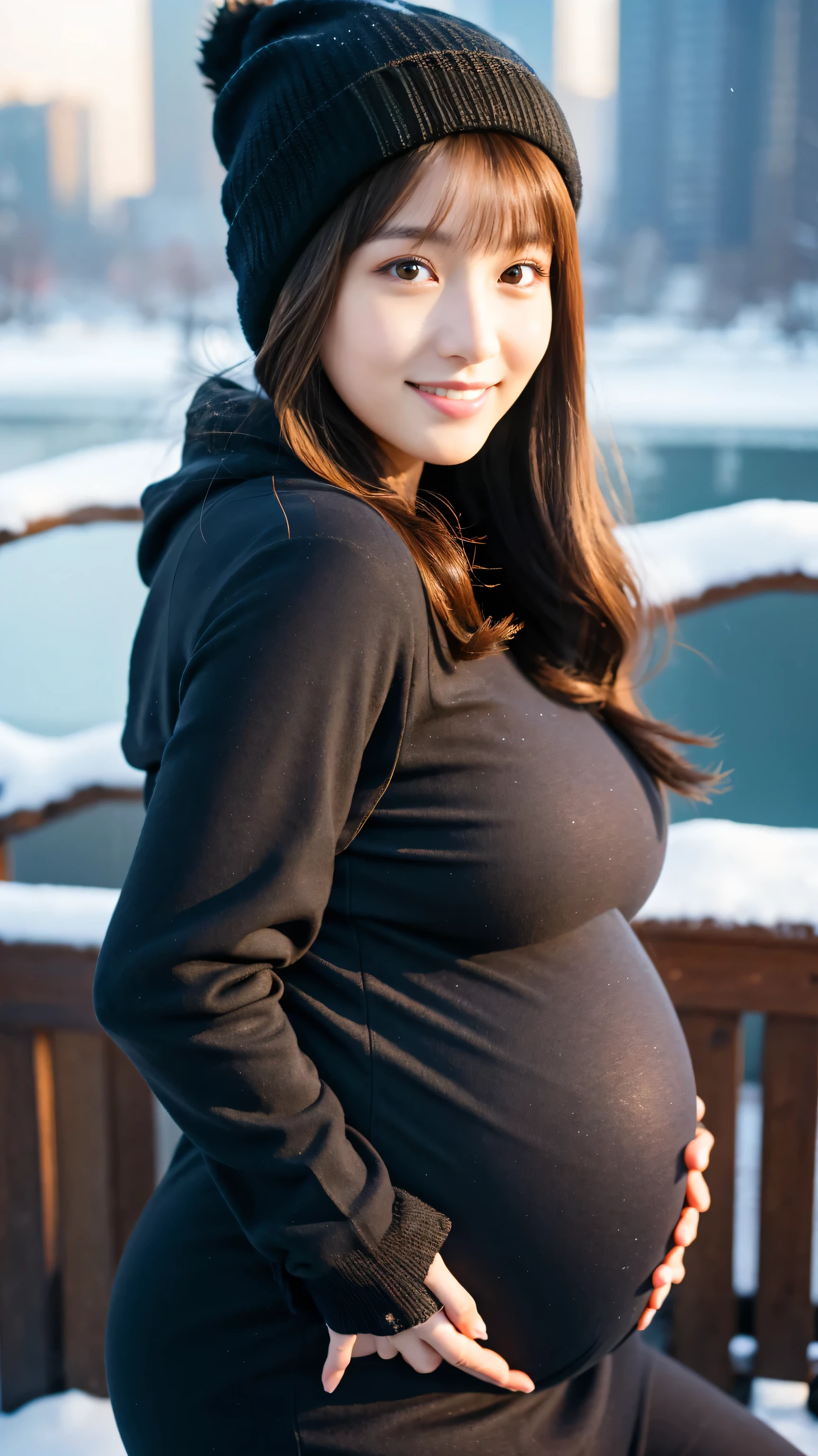 (masutepiece,High quality,16k:1.1),(depth of fields:1.3) ,((front body:1.35)),  Japanese ,Woman, Beanie , Long Sleeve U neck T-shirt Maxi (((Tight))) Dress, huge breasts, (huge pregnant:1.3), voluptuous, thicc, curvy,(Looking at Viewer:1.3),(full body shot:1.2),snowy landscape,(It's snowing:1.2),(Beautiful night view of Japan Tokyo town:1.2)