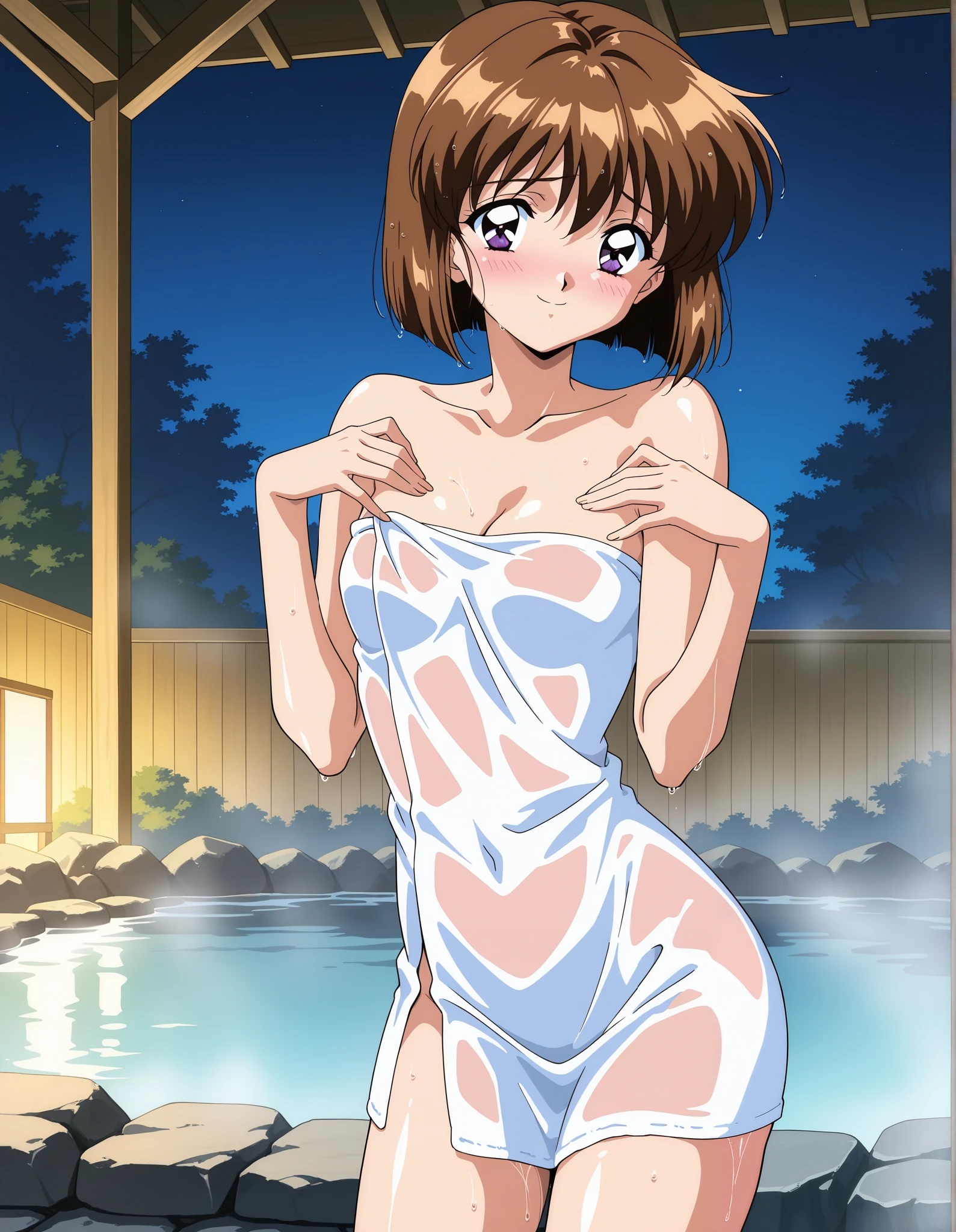 Alone, one girl, (cowboy shot), AMATSU _May, Hair, short hair, purple eyes, bob cut, bungs, 1990s \(style\),anime coloring, small breasts, cleavage, pretty butt, (completely naked white bath towel), (See-through:1.1), (My butt is transparent when wet), (shy:1.1), (blush), (smile), ( sexy pose), (soaking in a hot spring), (wet:1.2), (Open-air bath), (night), score_9, score_8_up , score_7_up , source_anime, best quality, ( pay attention to the buttocks)