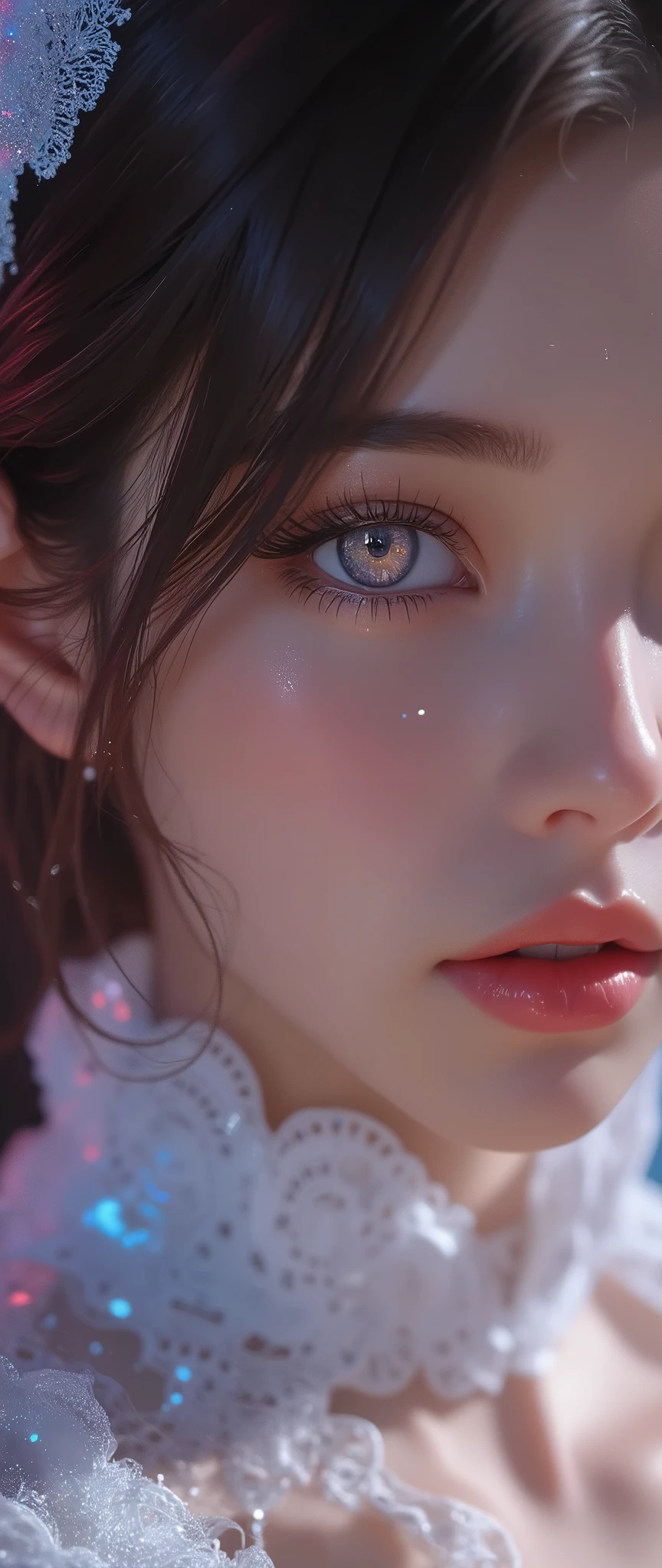 ( A Cybernetic Eye:2.0), best quality , high image quality during sick leave, 16k, stations that emphasizes the buttocks and is unbelievably stupid , very detailed, 2.5D, pastel fantasy with detailed descriptions, cute sexy girl, (、Deep cleavage:1.8), Attractive at the pinnacle of a beautiful girl's face, sexy Big Breasts girl who has A Cybernetic Eye、、、face close-up, , glitter effect, silence, quiet,, Diffuse reflection of light, , glitter effect