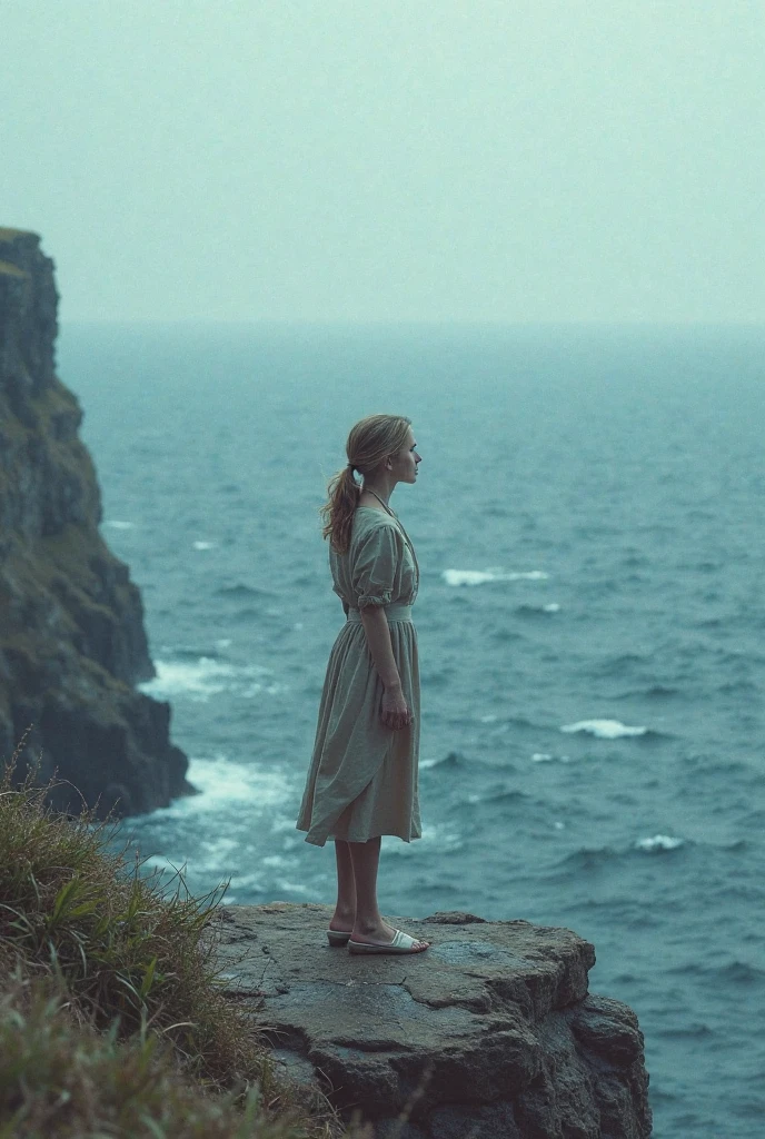 Eleaning elegantly upon the precipice of a crumbling cliff, Eileen gazes longingly into the tempestuous ocean below with eyes that seem to shimmer like the silver of moonbeams filtering through the ominous stormclouds above her, her flowing white gown billowing majestically in the gusts of wind, her expression a masterpiece of fearless determination and heartwrenching sorrow. Ellie <lora:gilxmy18fbb4fb71ds34:1>