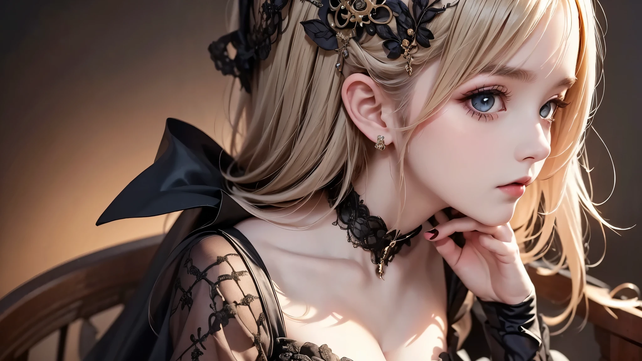 woman wearing dress and boots , baroque dress, wearing a detailed steampunk dress, elegant gothic princess, victorian gothic ta fashion, historical baroque dress dark, black gothic loliress, fantasy style clothing, rococo dress, black rococo, fantasy costume, wearing a gothic dress, romantic dress, gothic dress,blonde, tilt her head,(((upper body portrait))), ((from side))