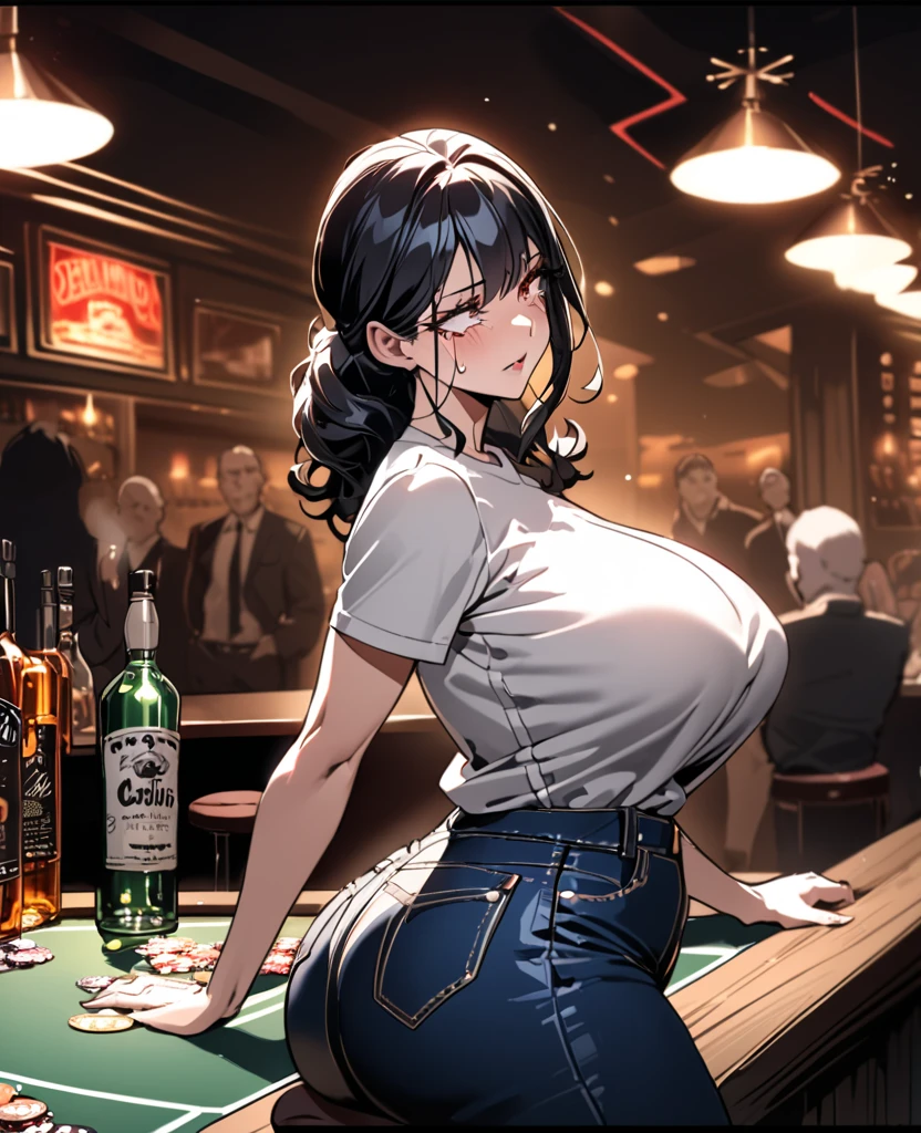 (masterpiece, best quality, highres, detailed, realistic:1.2), young korean woman, bar staff, detailed face, beautiful face, (gigantic breasts:1.5), (bursting breasts:1.2), pleased expression, slim, thin, skinny, slender, leaning forwards, strap top, (holding dollar bills:1.2), crowded bar