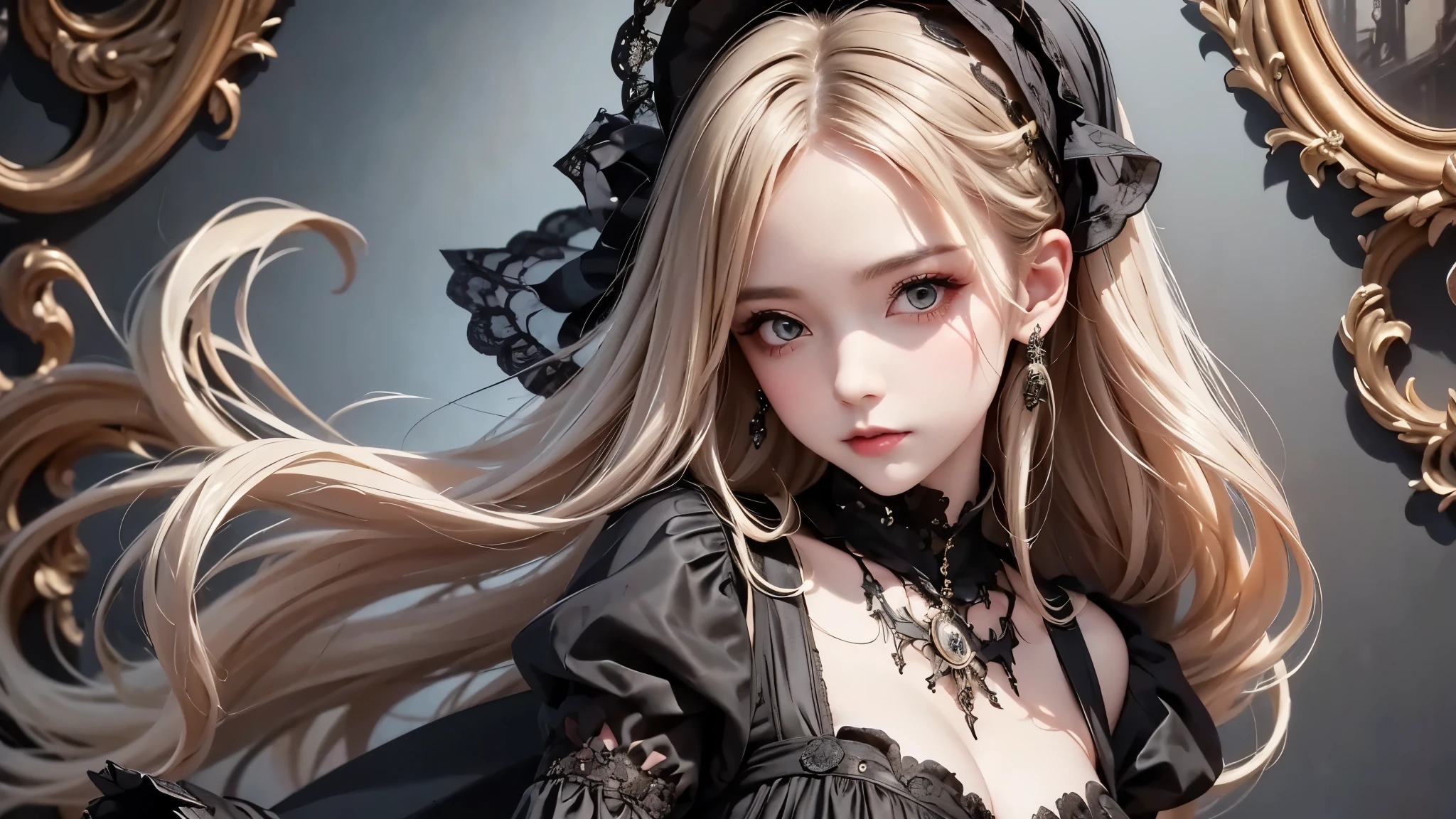 woman wearing dress and boots , baroque dress, wearing a detailed steampunk dress, elegant gothic princess, victorian gothic ta fashion, historical baroque dress dark, black gothic loliress, fantasy style clothing, rococo dress, black rococo, fantasy costume, wearing a gothic dress, romantic dress, gothic dress,blonde, tilt her head,(((upper body portrait))), ((from side))