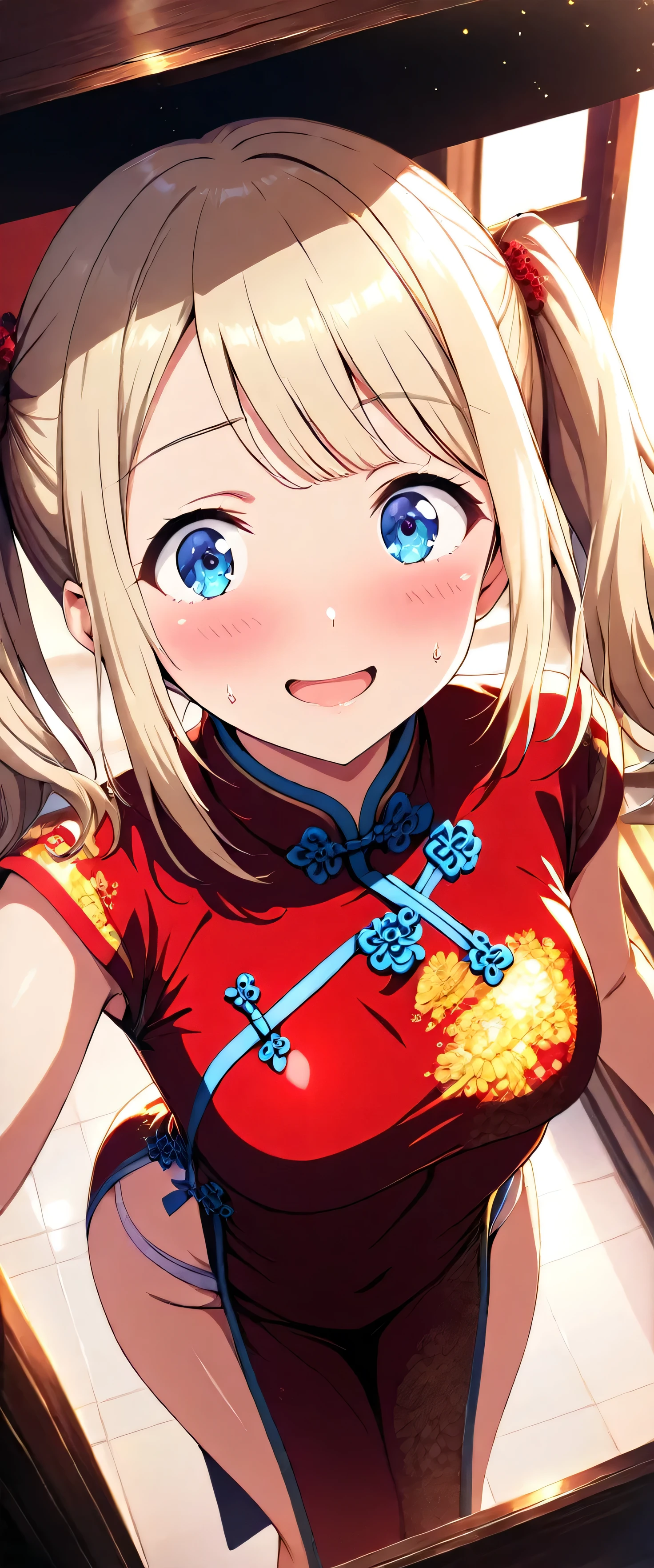 masterpiece,Please redeem,Ultra-high resolution,rich contrast,Very high quality,8k,Highly detailed CG unit wallpaper,Texture,So ridiculous,RAW Photos,anime-style illustration,professional photograph,an extremely delicate and beautiful,Depth of written boundary 1.2,(beautiful girl:1.3),Twin tails,Highly detailed cheongsam,blush,Sigh,(Sweat),(Big Round Ass),Glitter effect,(Surprise),Beautiful glossy lips,She fell hard and ended upside down.,She is head down,Open your mouth wide,A vibrant Chinese restaurant, dark store interior,Ayase Alisa, 1girl , blue eyes, blonde hair, long hair,(overhead shot:1.5),smile