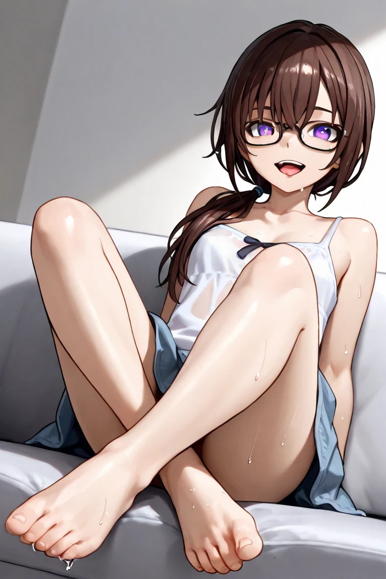 NSFW, (Official art、Best Quality、Unity 8k Wallpapers、32K、masterpiece、ultra-detailliert、super high resolution、realisitic、Photorealsitic:1.2)、(natural soft light:1.2)、Fireglow effect、film grains、Best Shadows、side lights、sideshot、(Ultra-detailed and complex 3D rendering)、Detailed beautiful face and eyes、Sharp pupils、Realistic pupiliddlebreasts、Smile、sitting on desk, on desk, Sit on a desk, Sitting on a desk,bent at the knees、Opening legs、open one's legs、A sexy、Ultra-slim thong bikini swimsuit, In the office, glasses, embarrassed from, cleavage of the breast、A sexy、